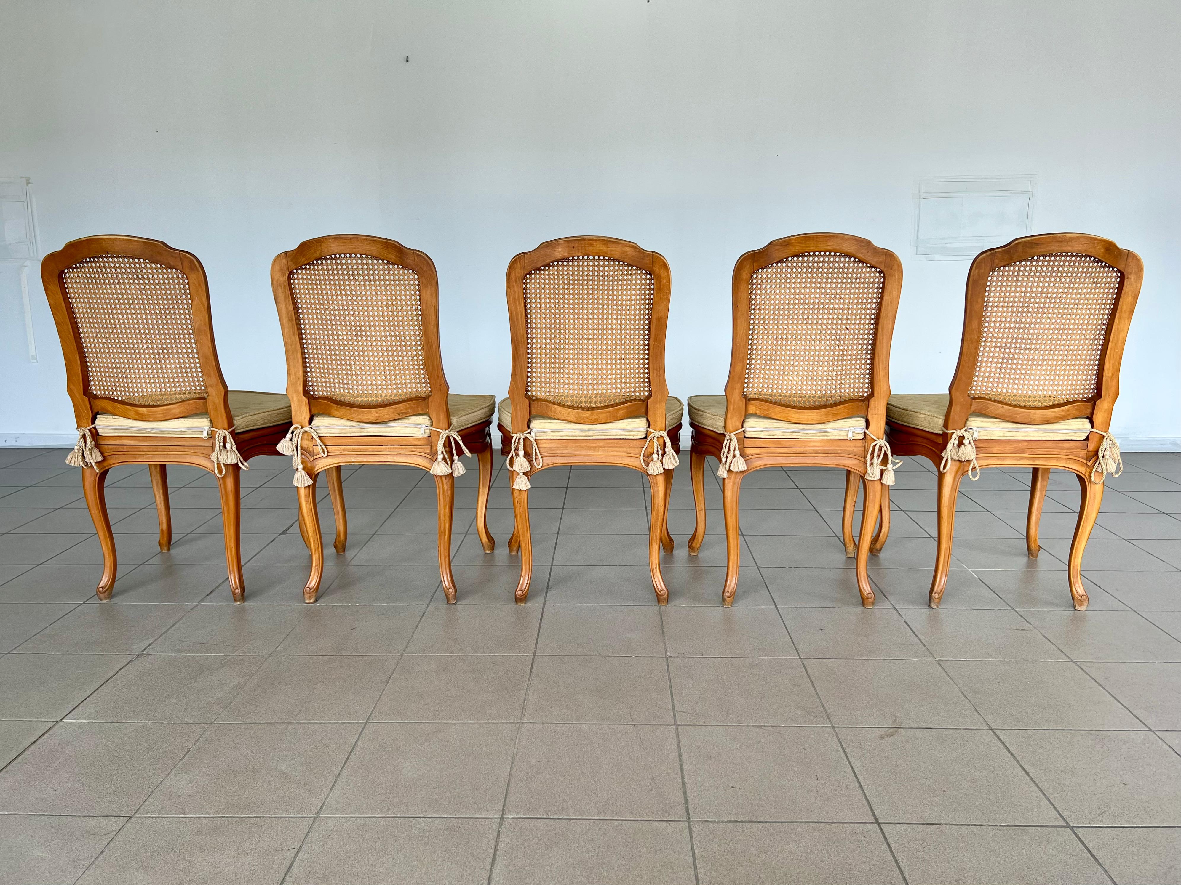 French Provincial Louis XV Style Carved Cane Back Dining Chairs - Set of 5 For Sale 6