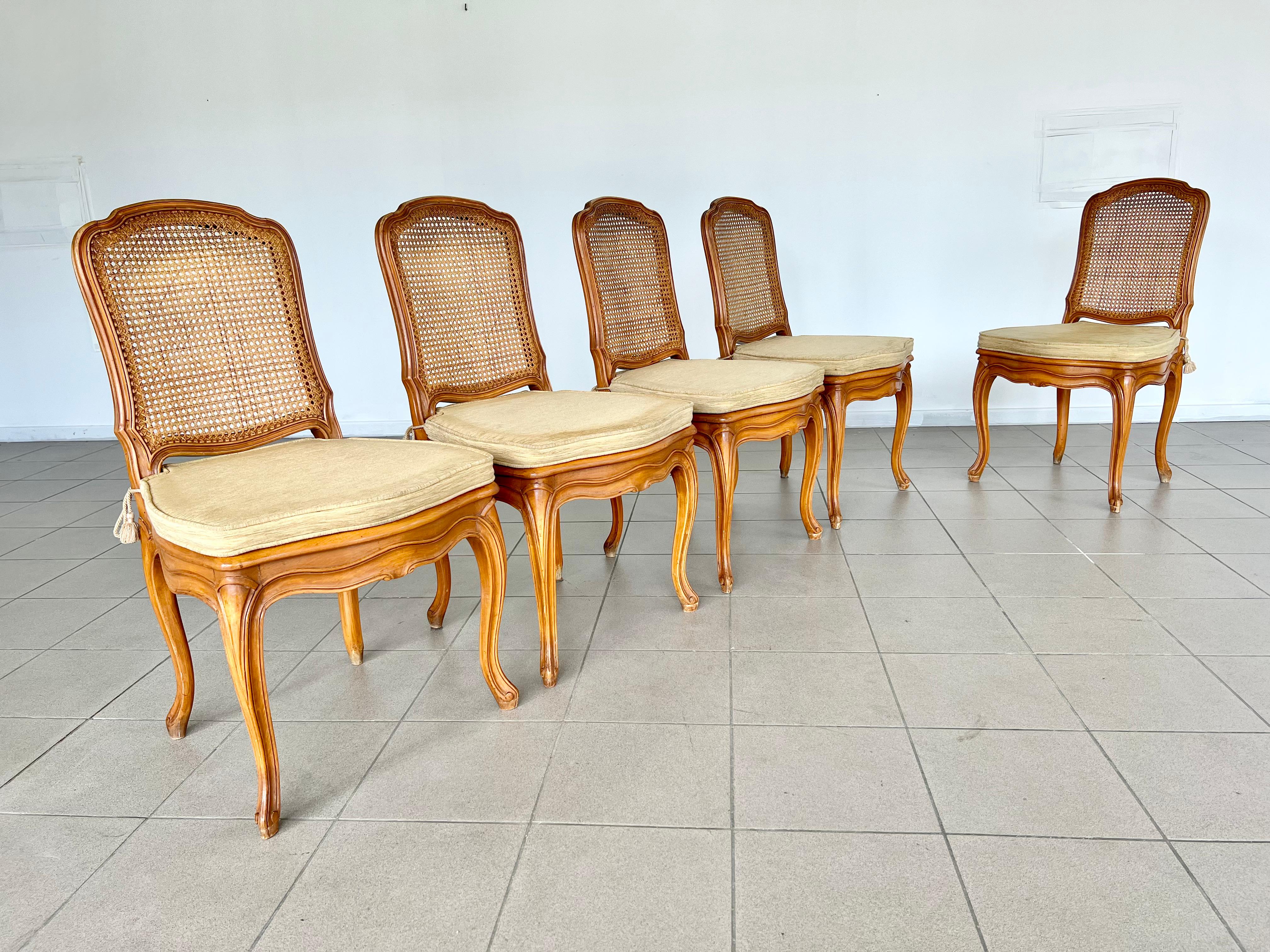 French Provincial Louis XV Style Carved Cane Back Dining Chairs - Set of 5 For Sale 3