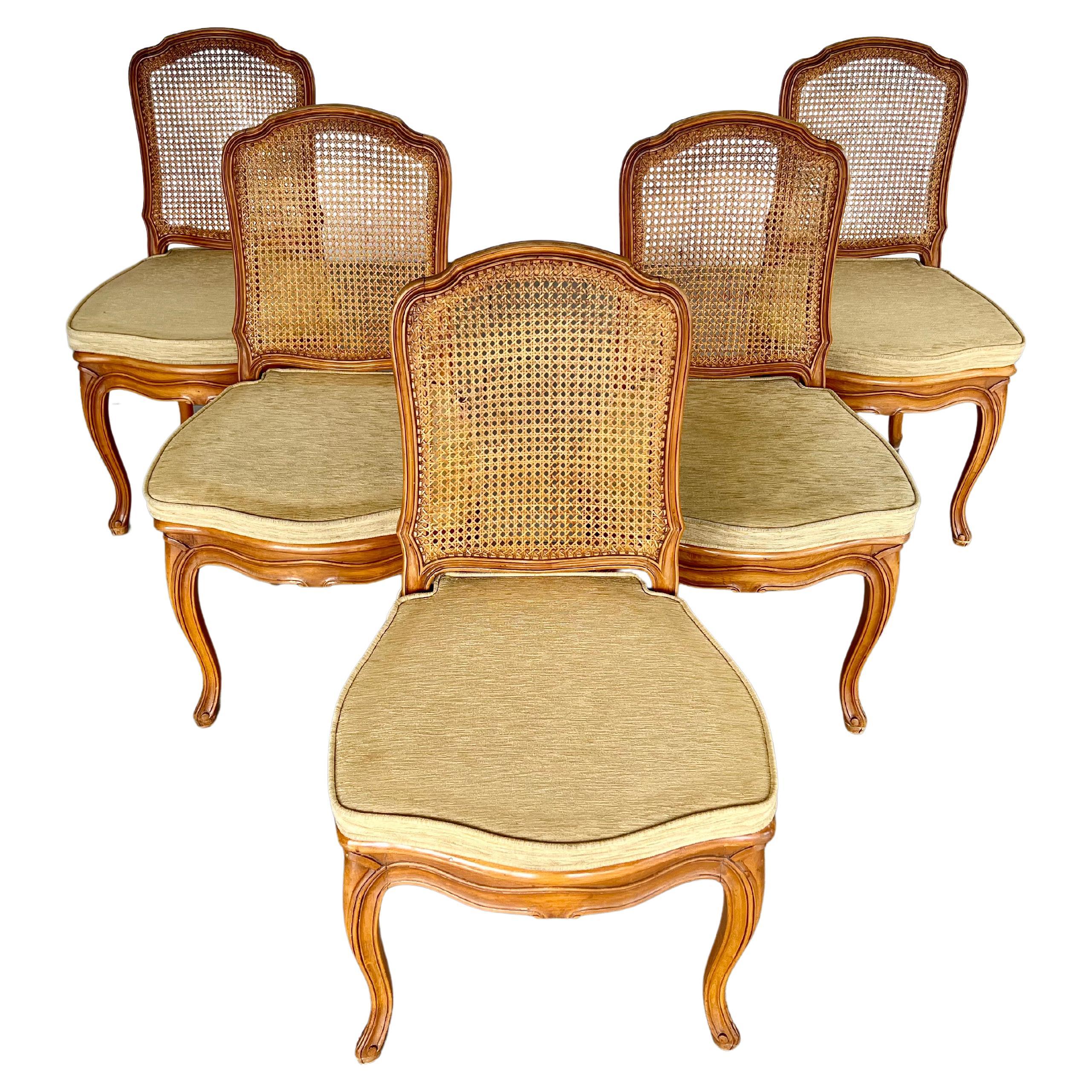 French Provincial Louis XV Style Carved Cane Back Dining Chairs - Set of 5 For Sale