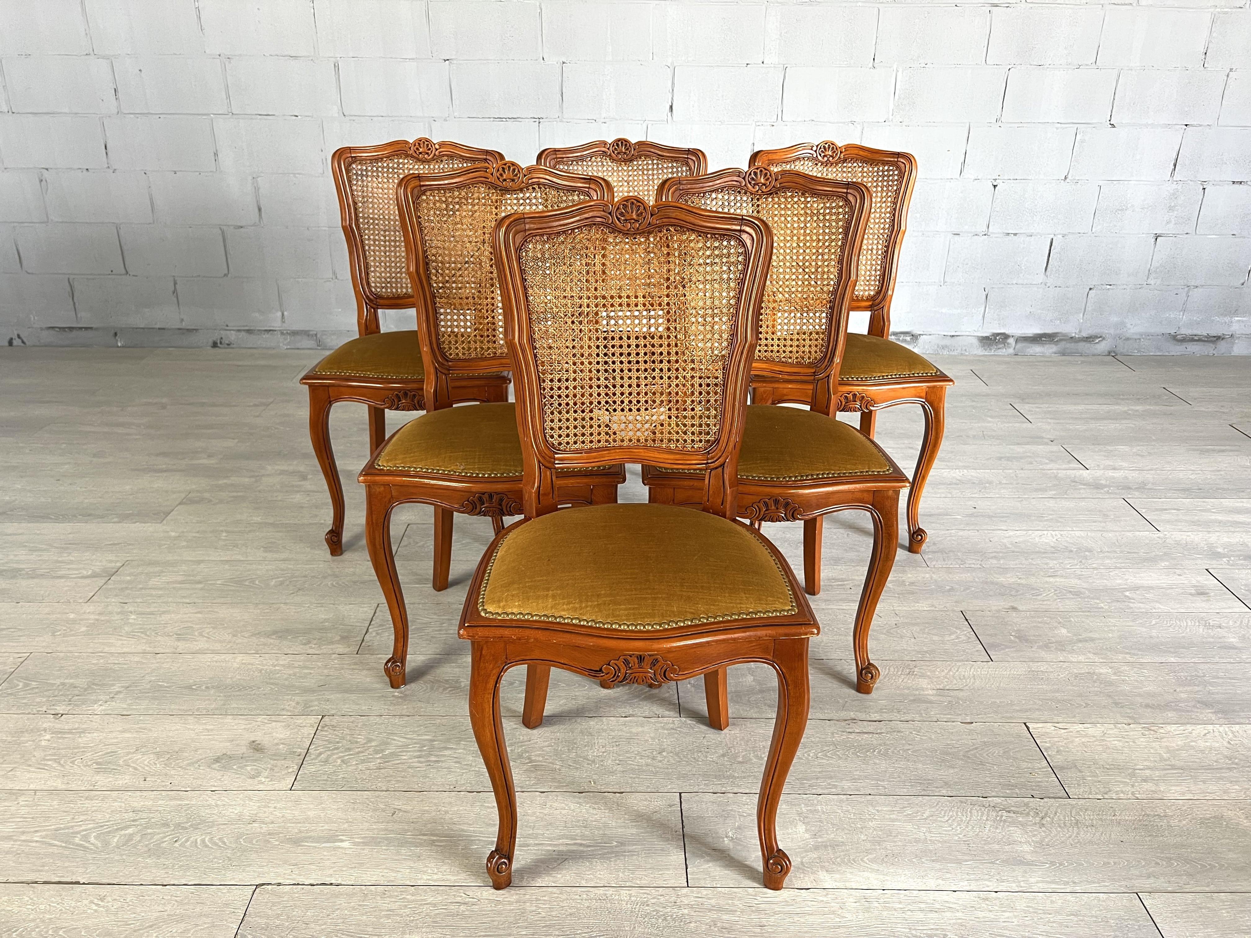 French Provincial Louis XV Style Carved Cane Back Dining Chairs - Set of 6 1
