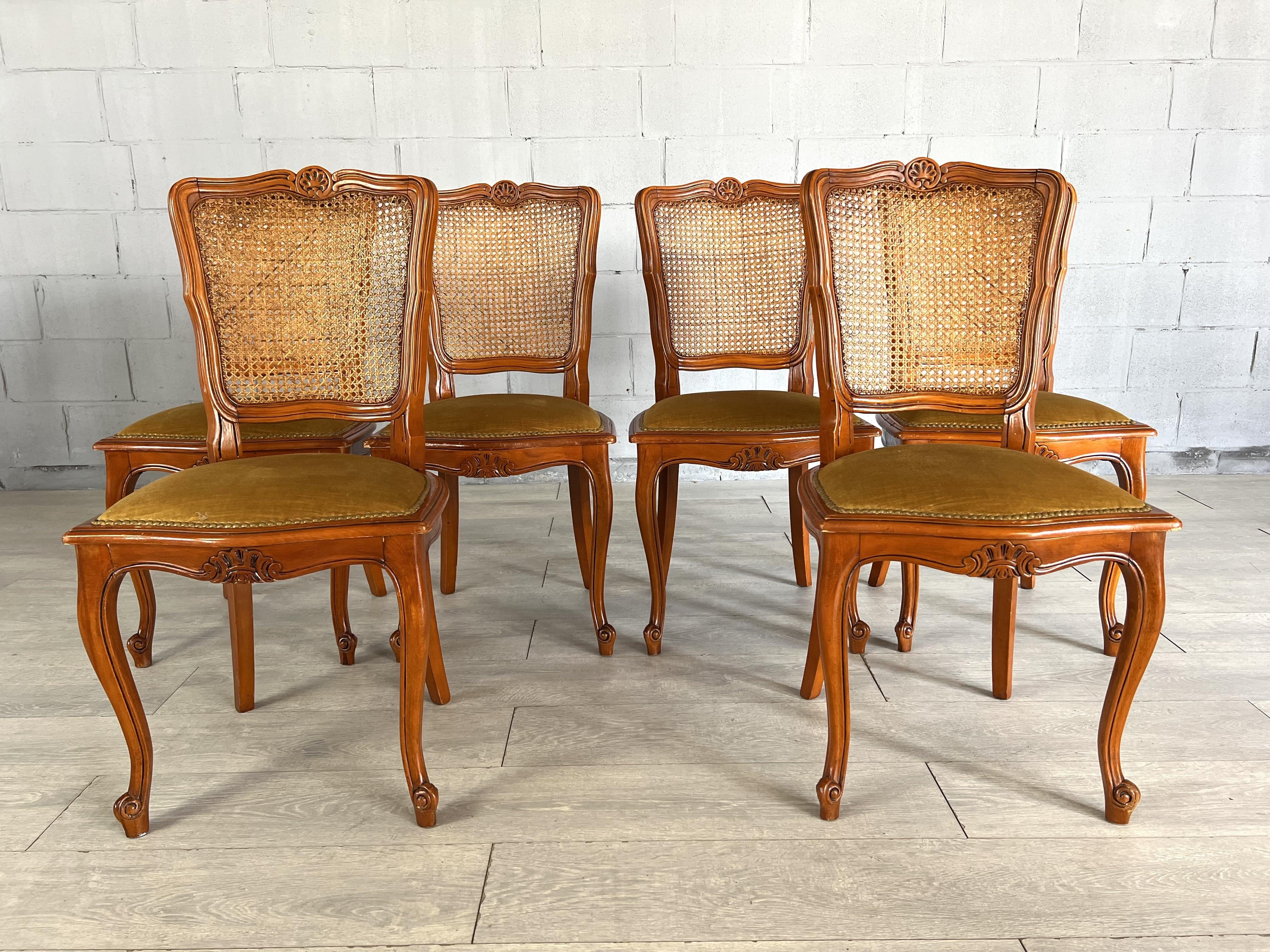 French Provincial Louis XV Style Carved Cane Back Dining Chairs - Set of 6 2
