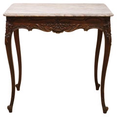 French Provincial Louis XV Style Carved Marble Top Walnut Side Table, Circa 1880