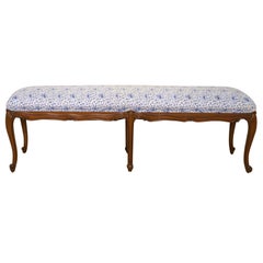 French Provincial Louis XV Style carved Six-Leg Upholstered Maple Bench