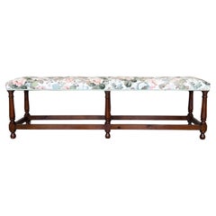French Provincial Louis XV Style Carved Walnut Fleur Upholstered large Bench