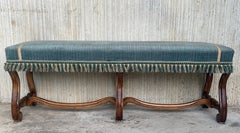 French Provincial Louis XV Style Carved Walnut Upholstered Lyre Leg Bench