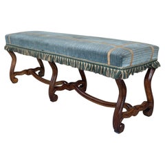 French Provincial Louis XV Style Carved Walnut Upholstered Lyre Leg Bench