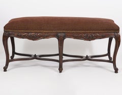 French Provincial Louis XV Style Carved Walnut Upholstered Six Leg Bench, 1920's