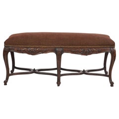 French Provincial Louis XV Style Carved Walnut Upholstered Six Leg Bench, 1920's