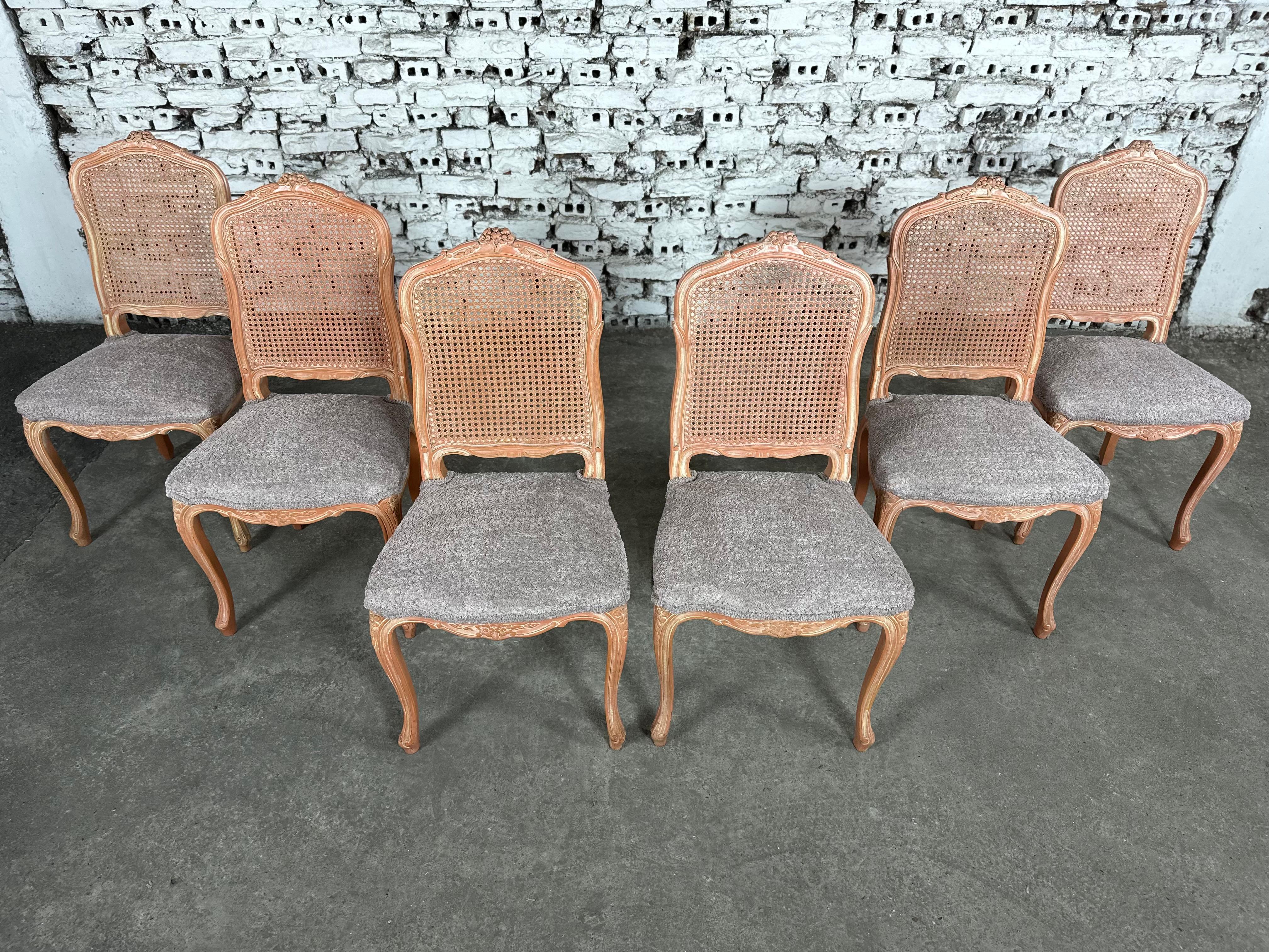 French Provincial Louis XV Style Dining Chairs, Reupholstered - Set of 6 1