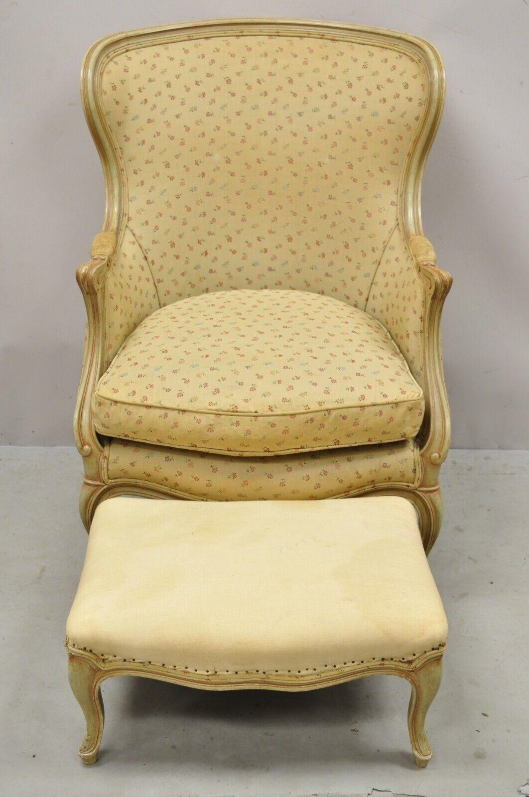 French Provincial Louis XV Style Green Finish Wingback Lounge Chair & Ottoman 7