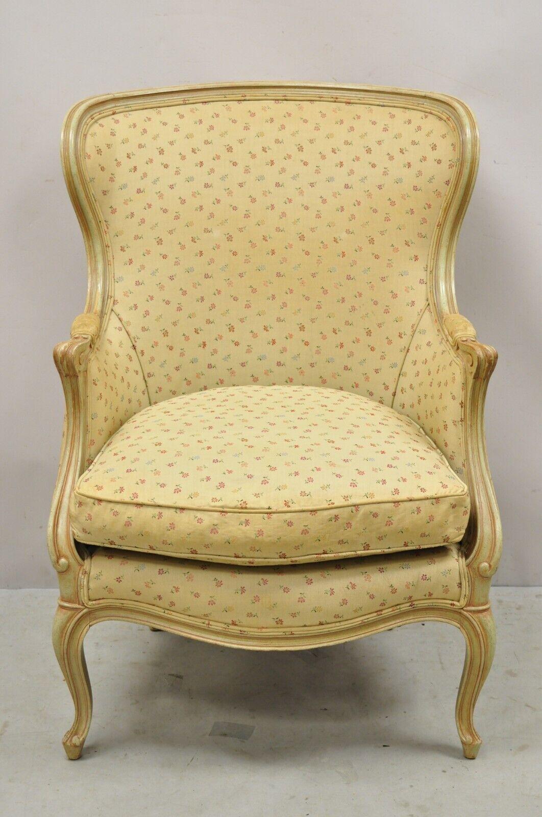 French Provincial Louis XV Style Green Finish Wingback Lounge Chair & Ottoman Item features pink and green distress painted solid wood frames, shapely winged back, cabriole legs, very nice vintage set, quality craftsmanship, great style and form,