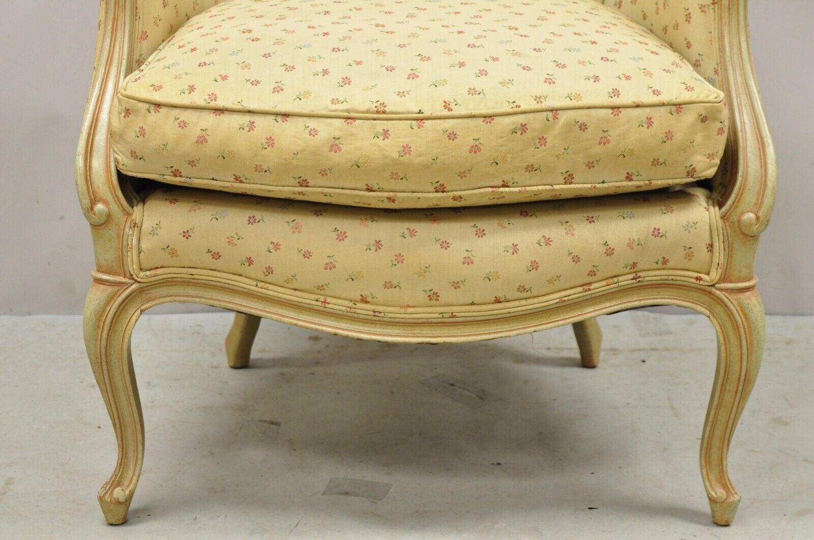 Fabric French Provincial Louis XV Style Green Finish Wingback Lounge Chair & Ottoman
