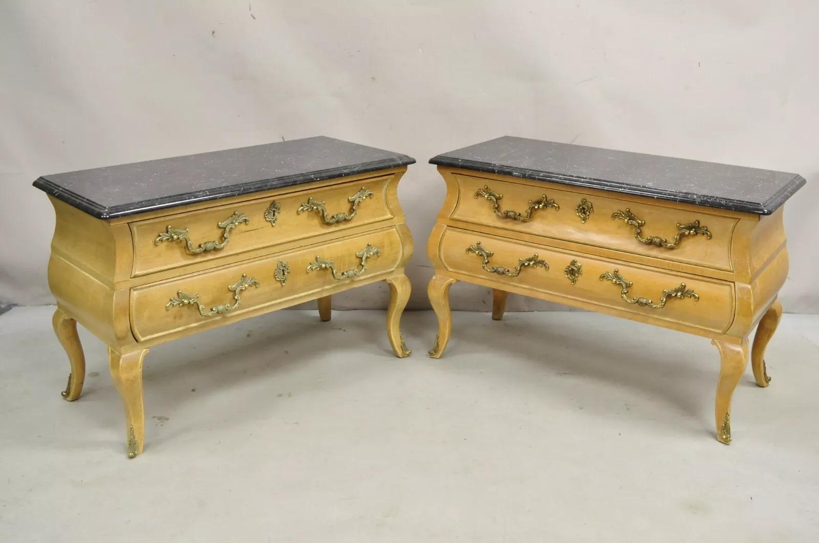 French Provincial Louis XV Style Marble Top Bombe Nightstand Low Commode Pair For Sale 5