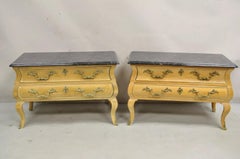 French Provincial Louis XV Style Marble Top Bombe Nightstand Low Commode Pair