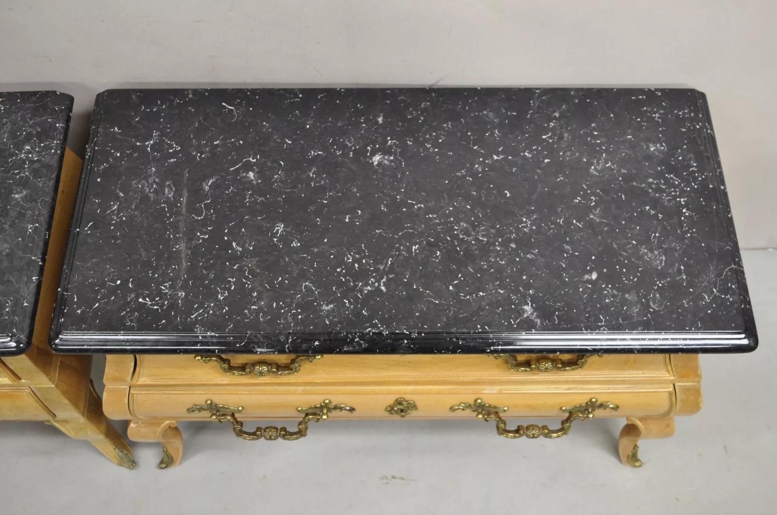 Unknown French Provincial Louis XV Style Marble Top Bombe Nightstand Low Commode Pair For Sale