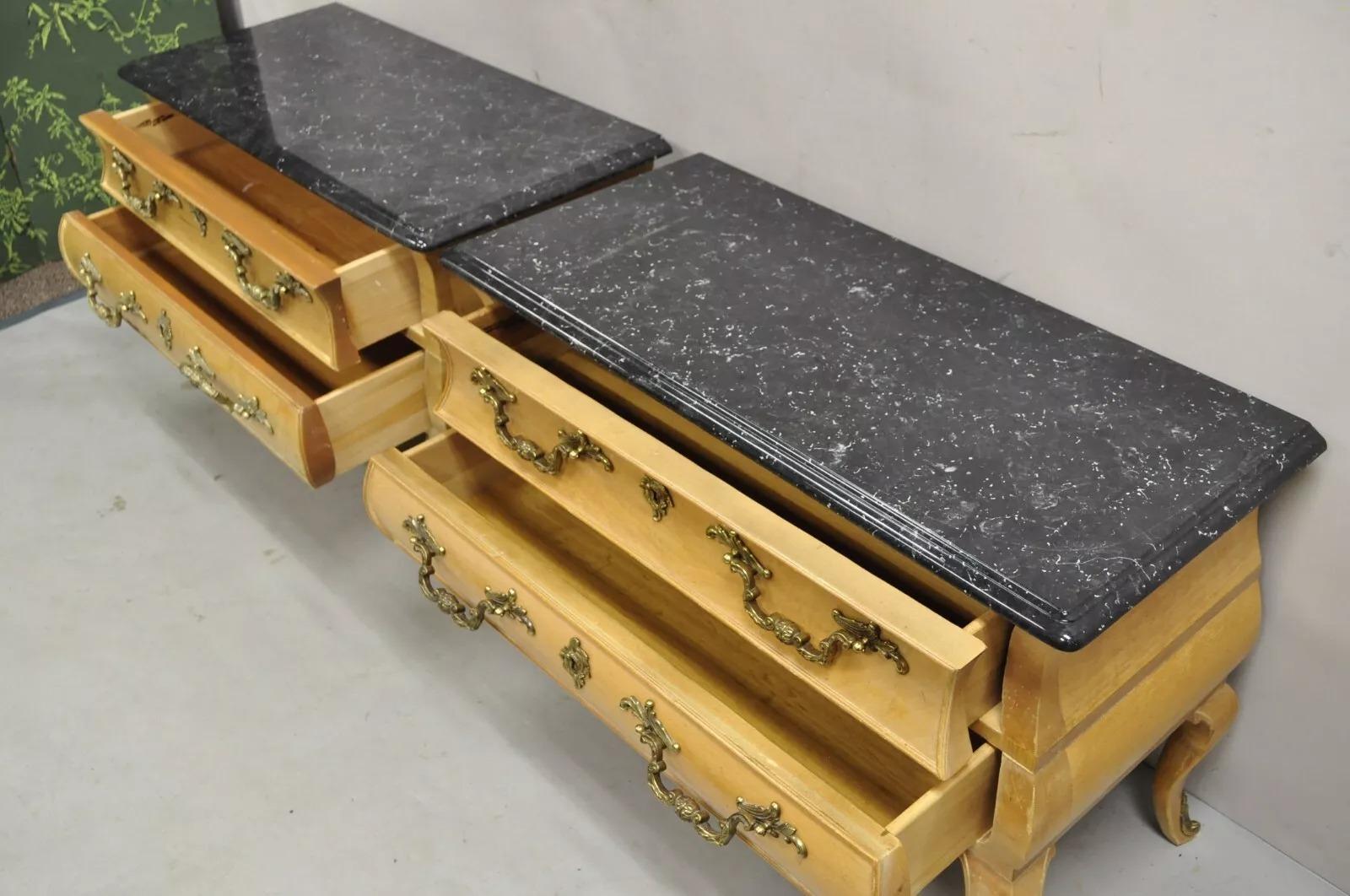 French Provincial Louis XV Style Marble Top Bombe Nightstand Low Commode Pair For Sale 1