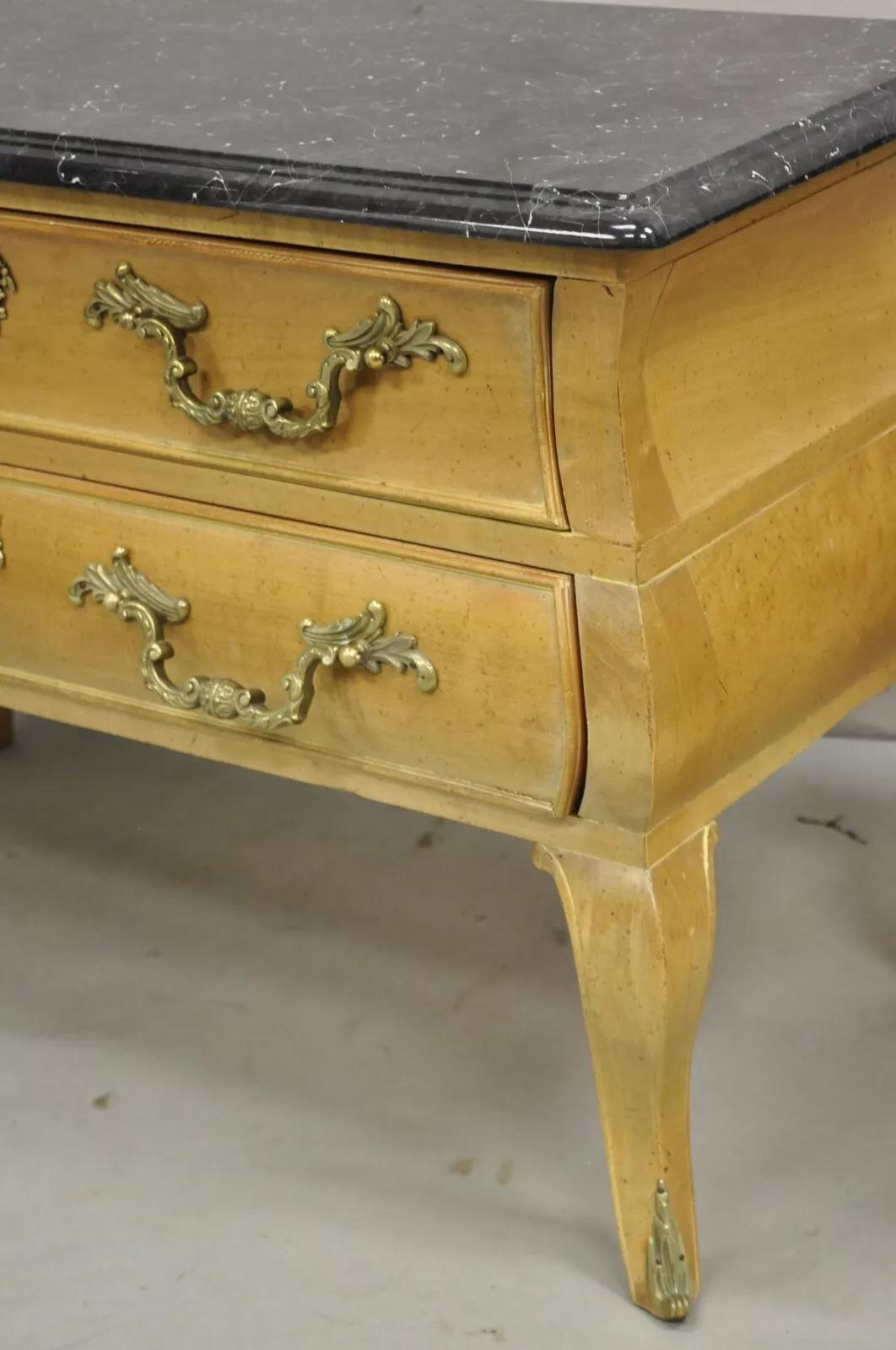 French Provincial Louis XV Style Marble Top Bombe Nightstand Low Commode Pair For Sale 3