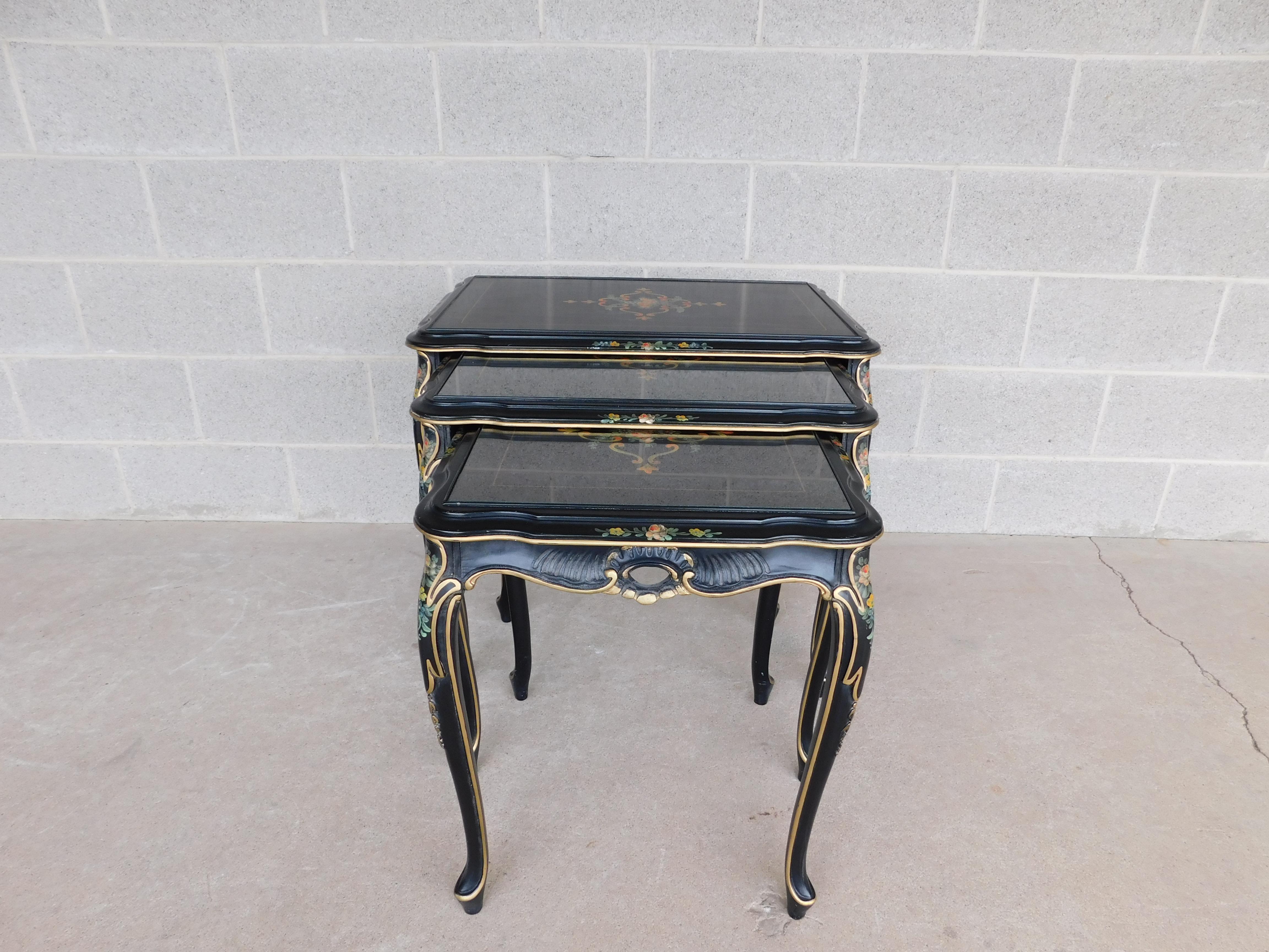Features High Quality Construction, Carved Detail Accents in Gold, Black Color Painted, . Approx 60 Years Old, Removable Glass on Each Table

Very Good Vintage Condition, original finish - small chip on top table glass - see all photos - may show