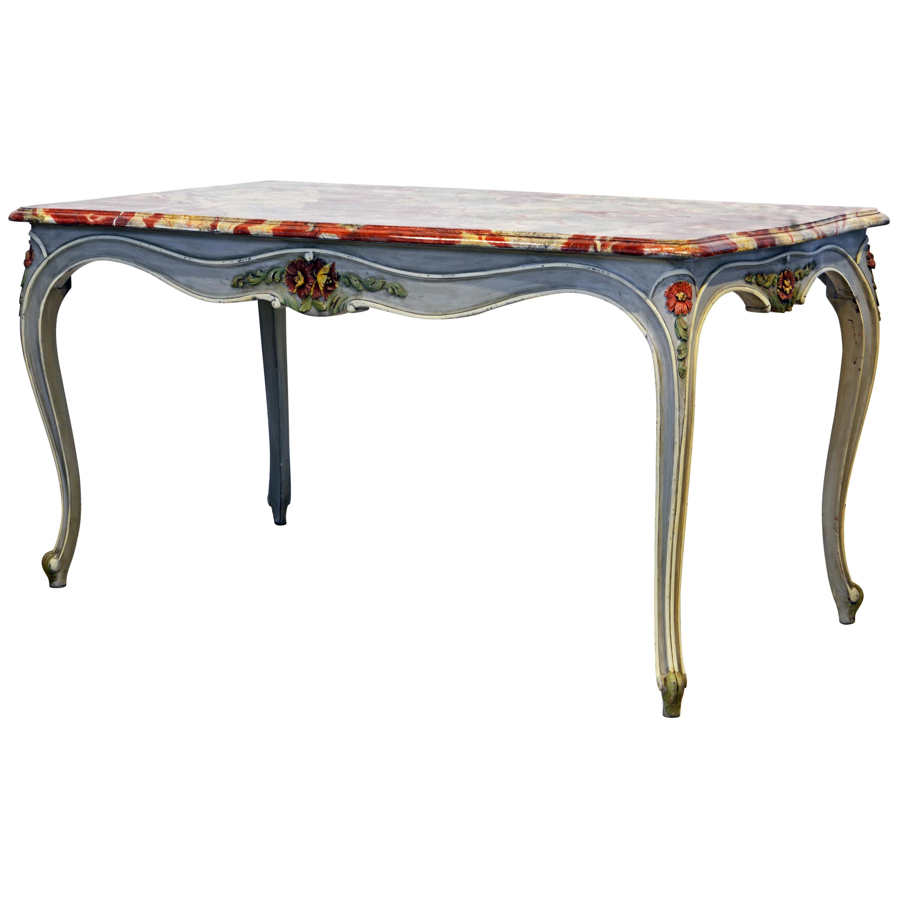 French Provincial Louis XV Style Painted Faux Marble-Top Dining Table