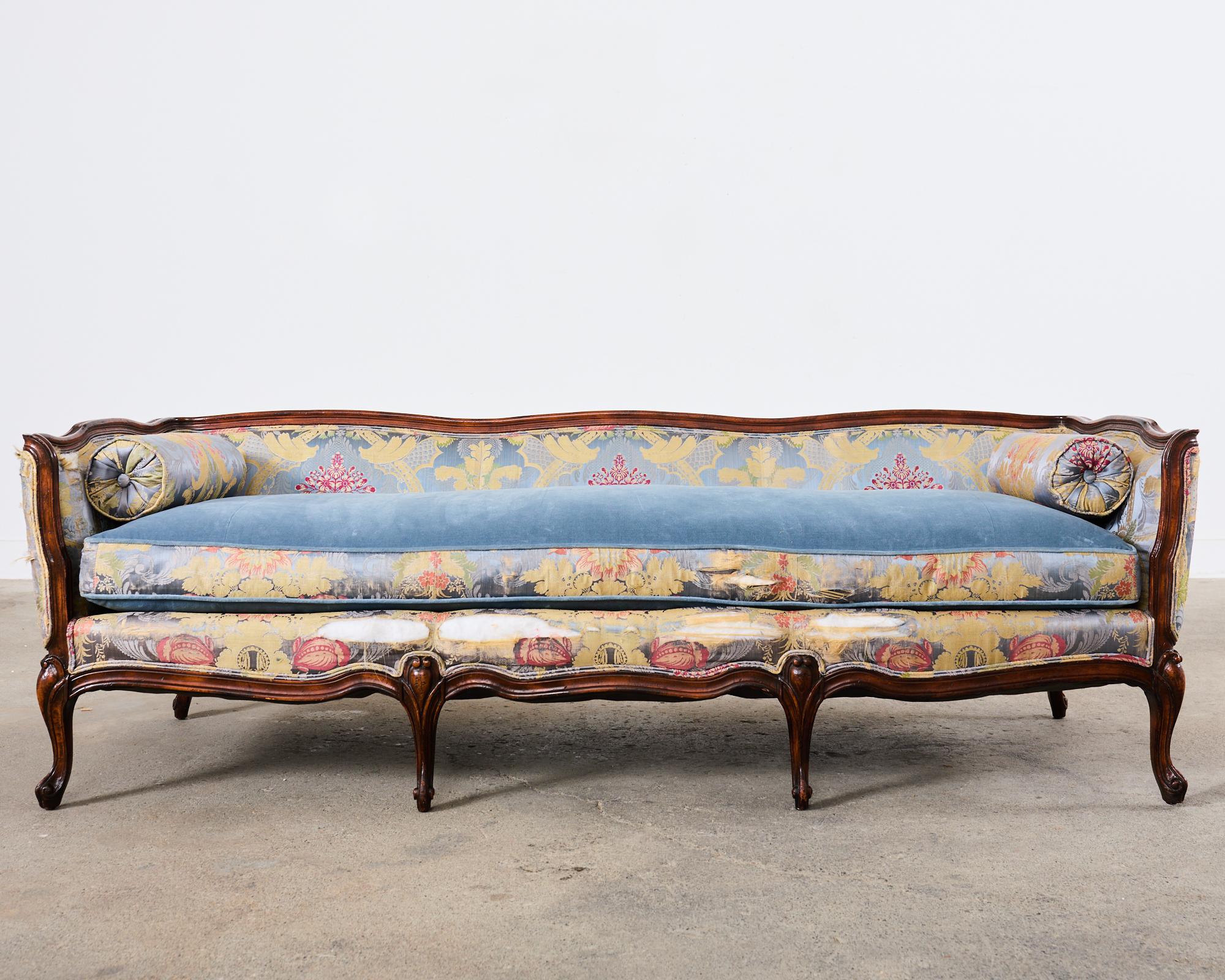 French Provincial Louis XV Style Serpentine Canape Sofa Settee In Distressed Condition For Sale In Rio Vista, CA