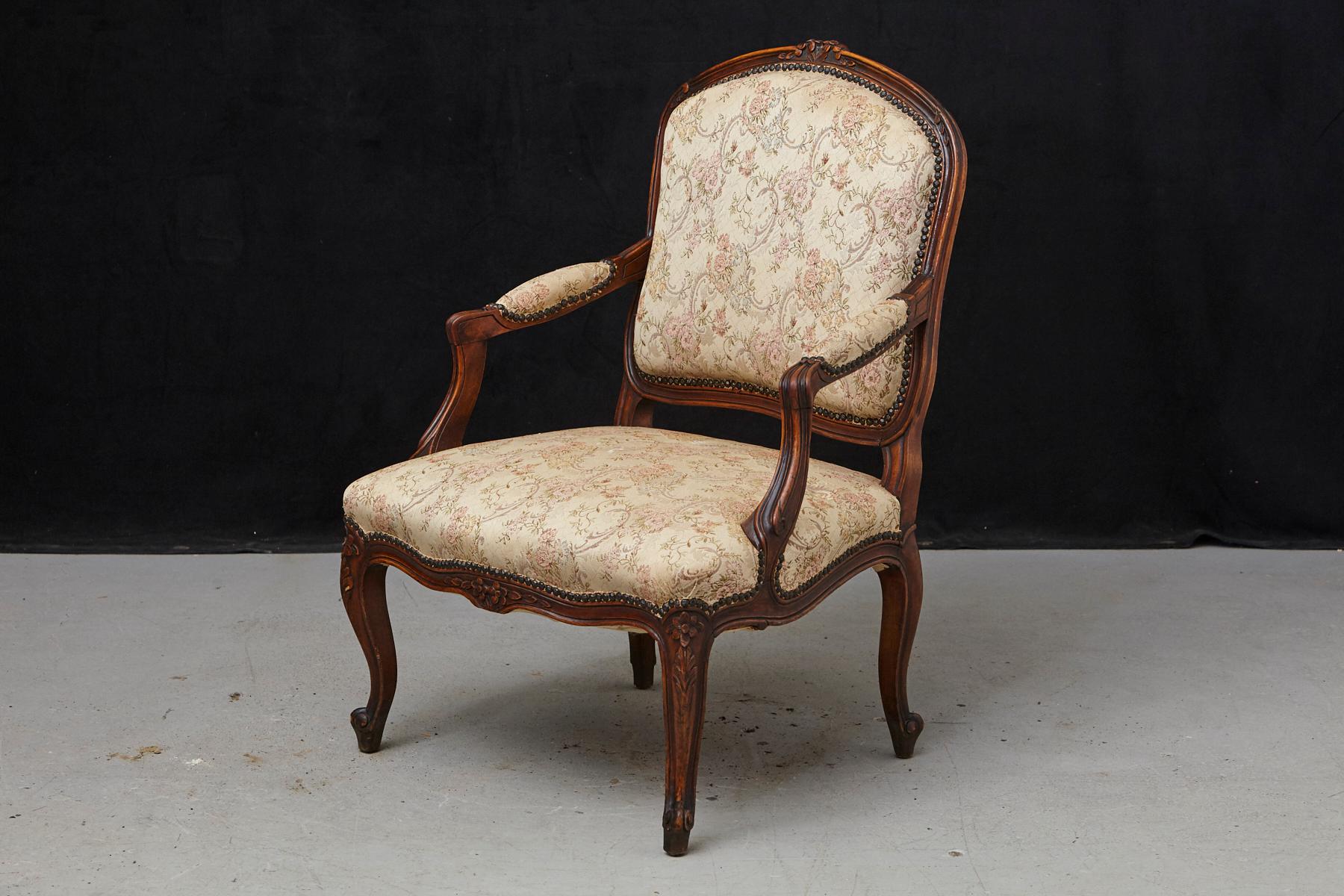 20th Century French Provincial Louis XV Style Walnut Fauteuil with Nailhead Trim, circa 1930s For Sale