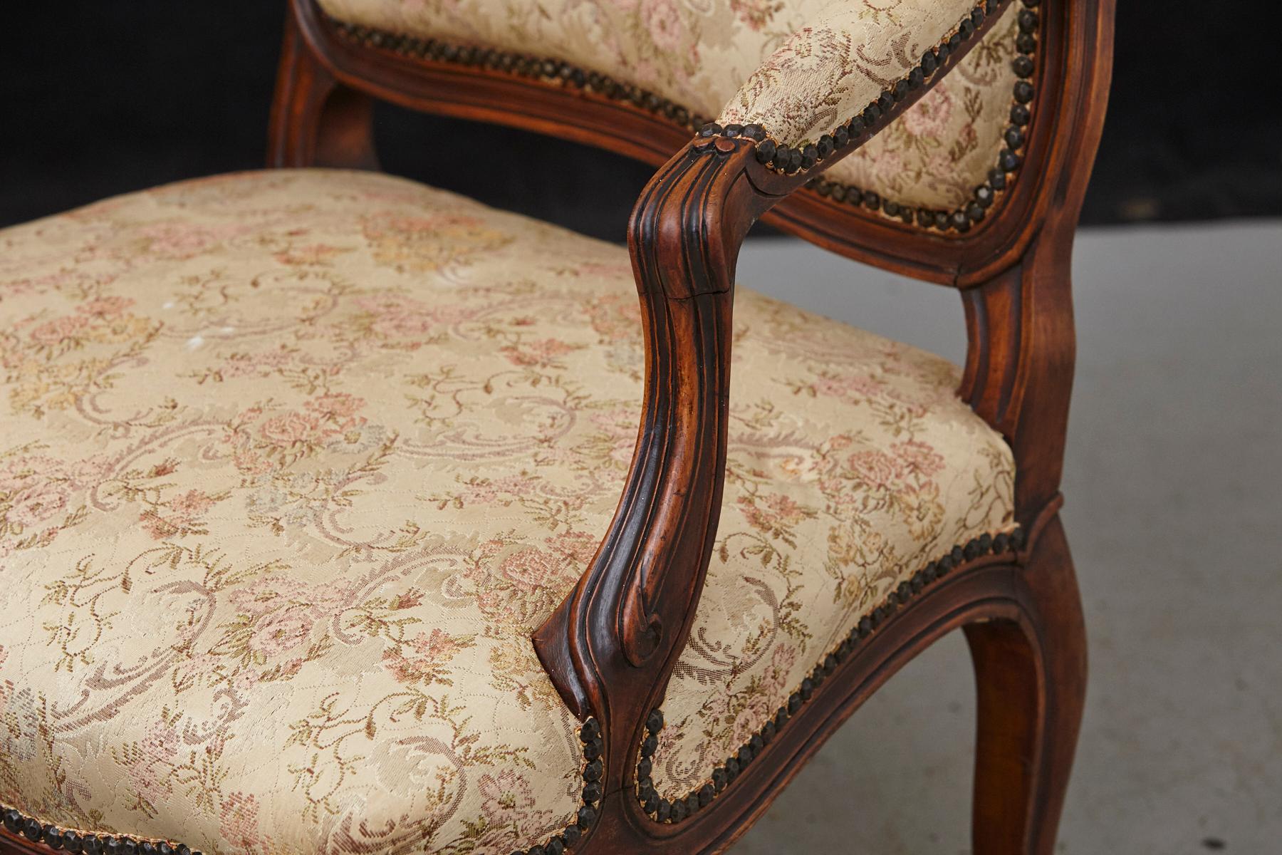 French Provincial Louis XV Style Walnut Fauteuil with Nailhead Trim, circa 1930s For Sale 2