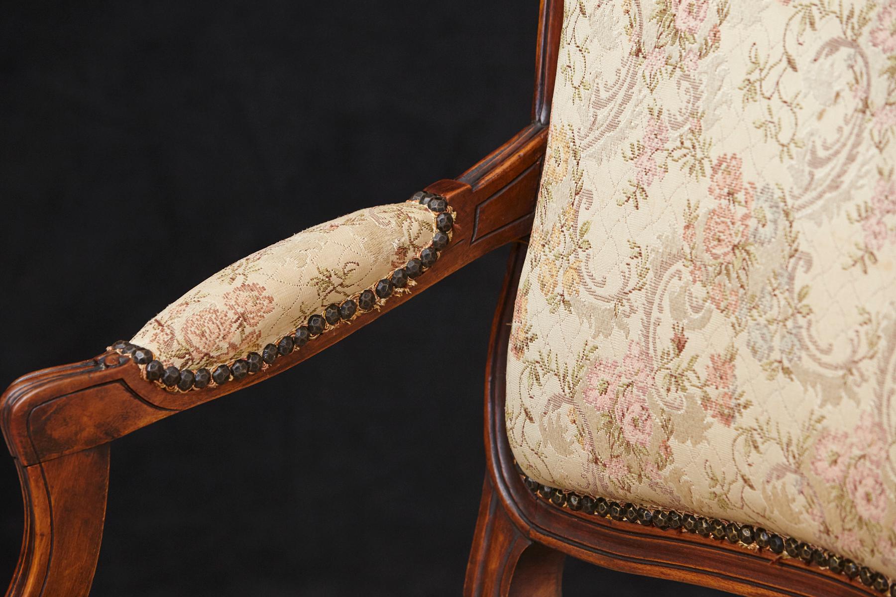 French Provincial Louis XV Style Walnut Fauteuil with Nailhead Trim, circa 1930s For Sale 4