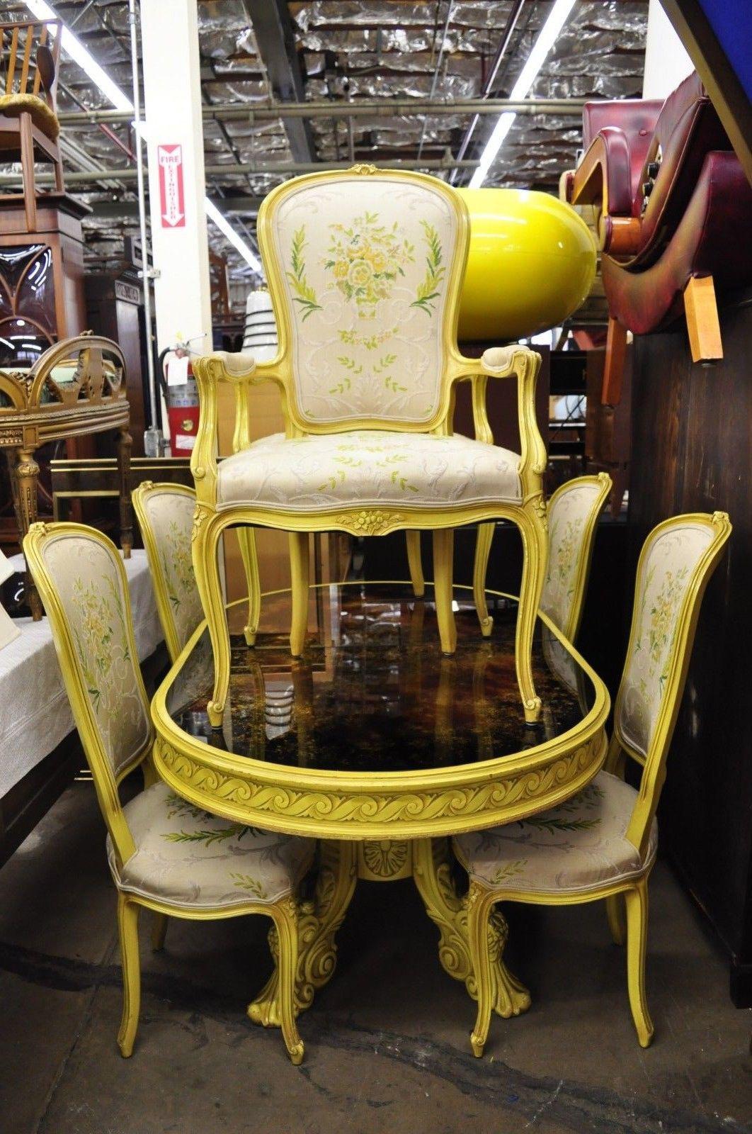 French Provincial Louis XV Style Yellow Hollywood Regency Dining Chairs Set of 6 4