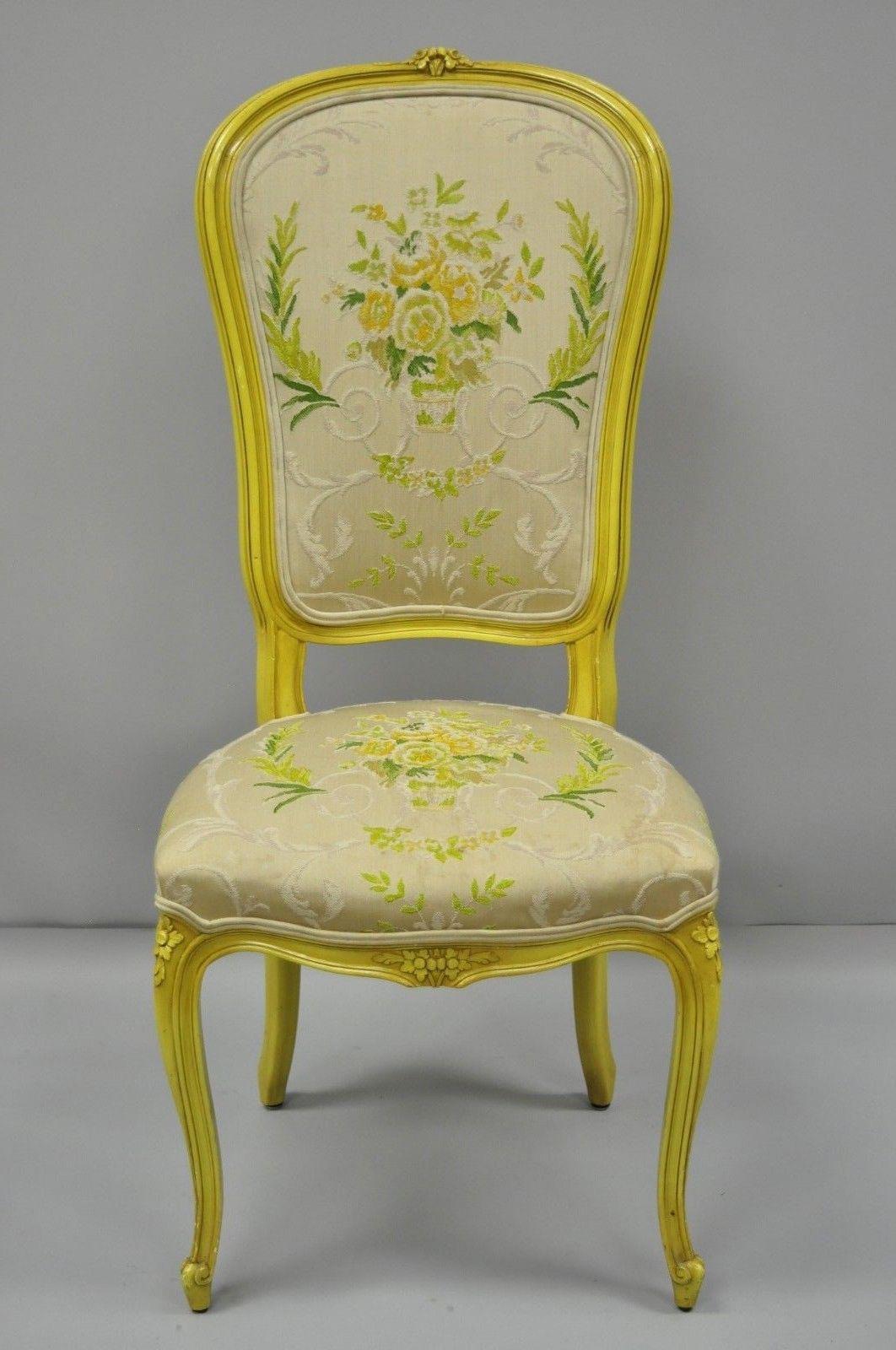 French Provincial Louis XV Style Yellow Hollywood Regency Dining Chairs Set of 6 6