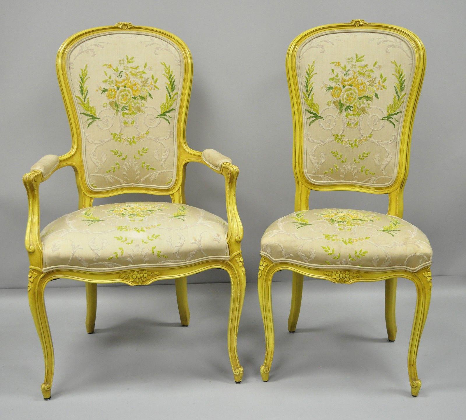 Set of 6 vintage French Provincial Louis XV style yellow Hollywood Regency dining chairs. Listing includes 4 side chairs, 2 armchairs, original yellow finish, floral embroidered upholstery, solid wood construction, cabriole legs, quality American