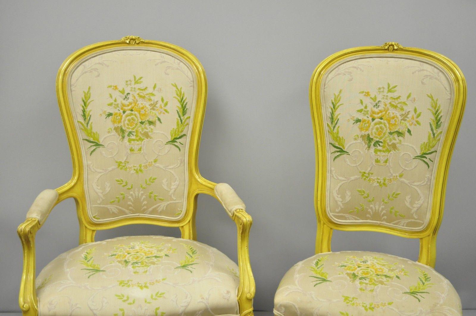 American French Provincial Louis XV Style Yellow Hollywood Regency Dining Chairs Set of 6