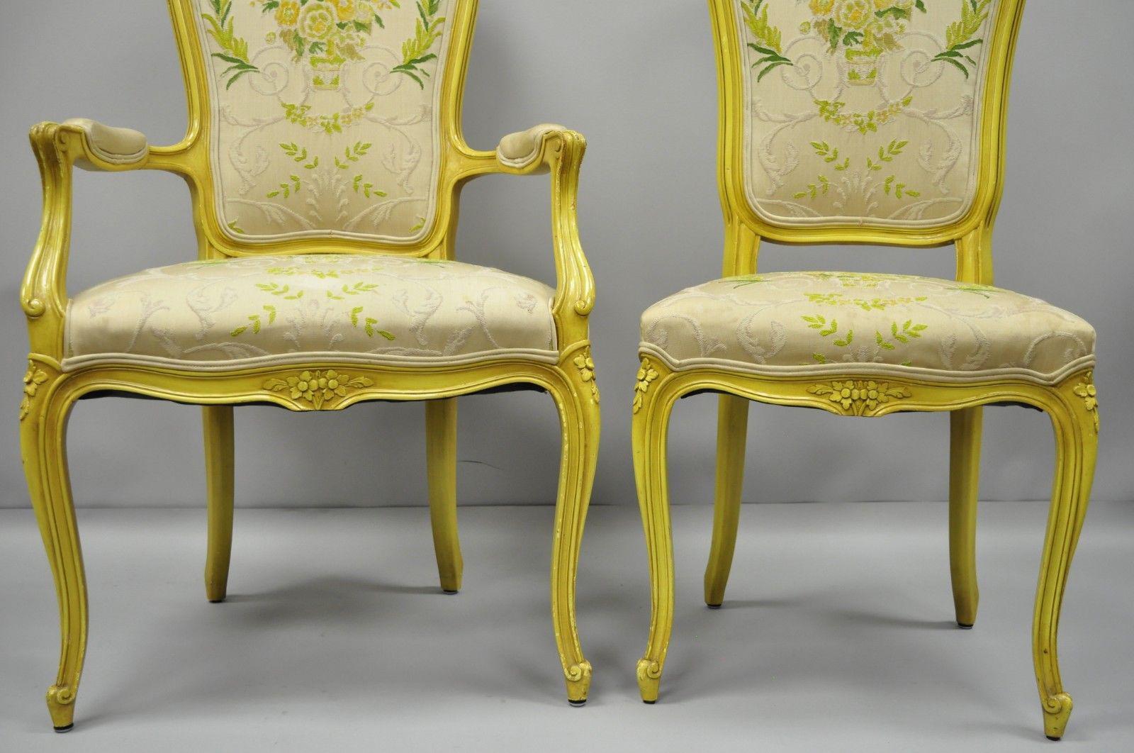 French Provincial Louis XV Style Yellow Hollywood Regency Dining Chairs Set of 6 In Good Condition In Philadelphia, PA