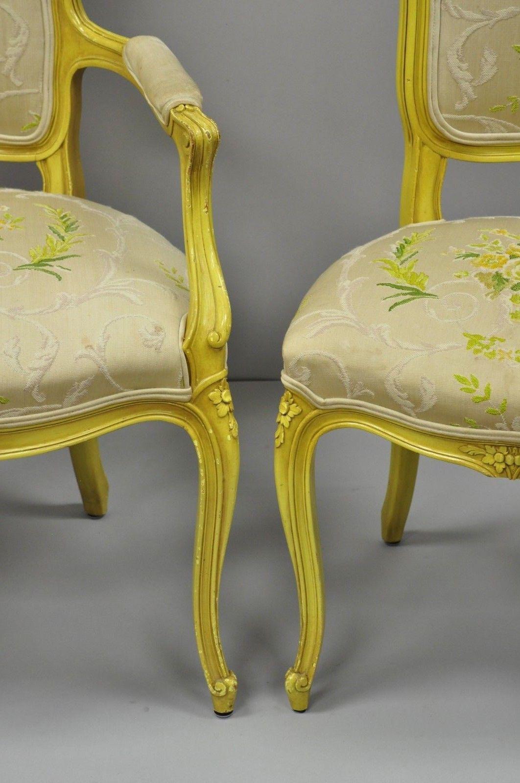 20th Century French Provincial Louis XV Style Yellow Hollywood Regency Dining Chairs Set of 6