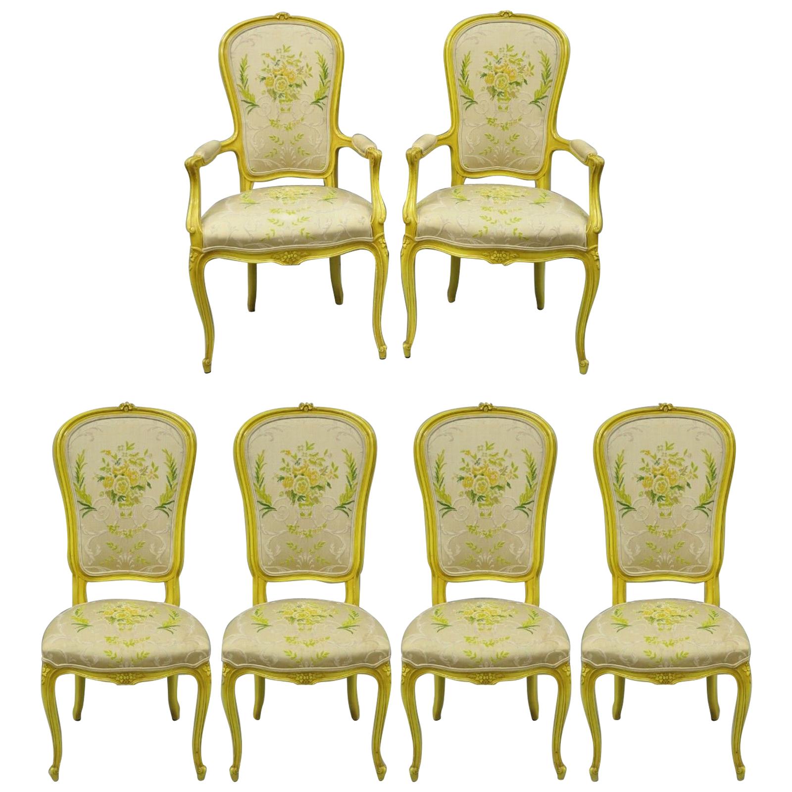 French Provincial Louis XV Style Yellow Hollywood Regency Dining Chairs Set of 6