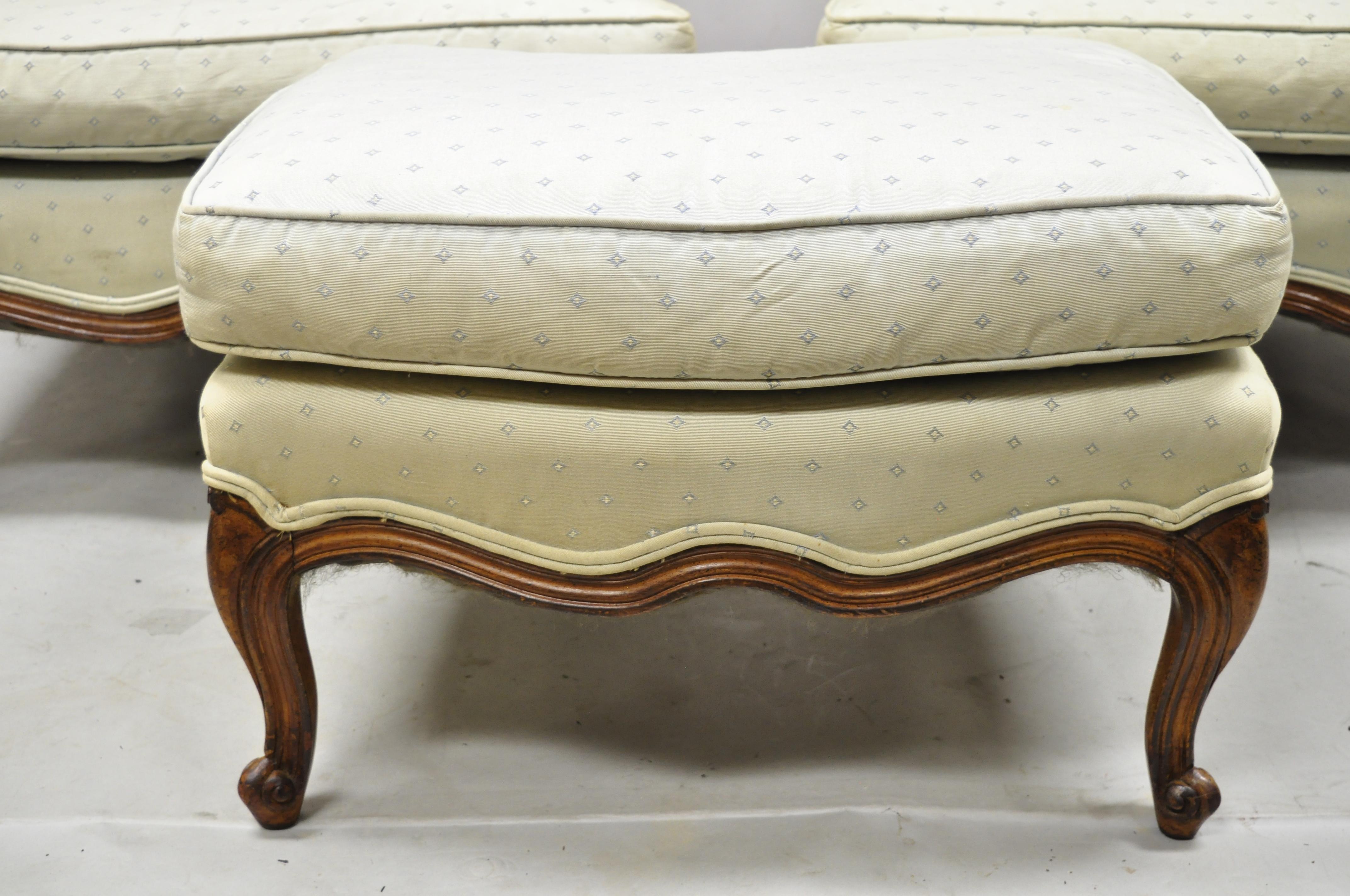 Italian French Provincial Louis XV Upholstered Bergere Lounge Club Chair Ottoman, Pair