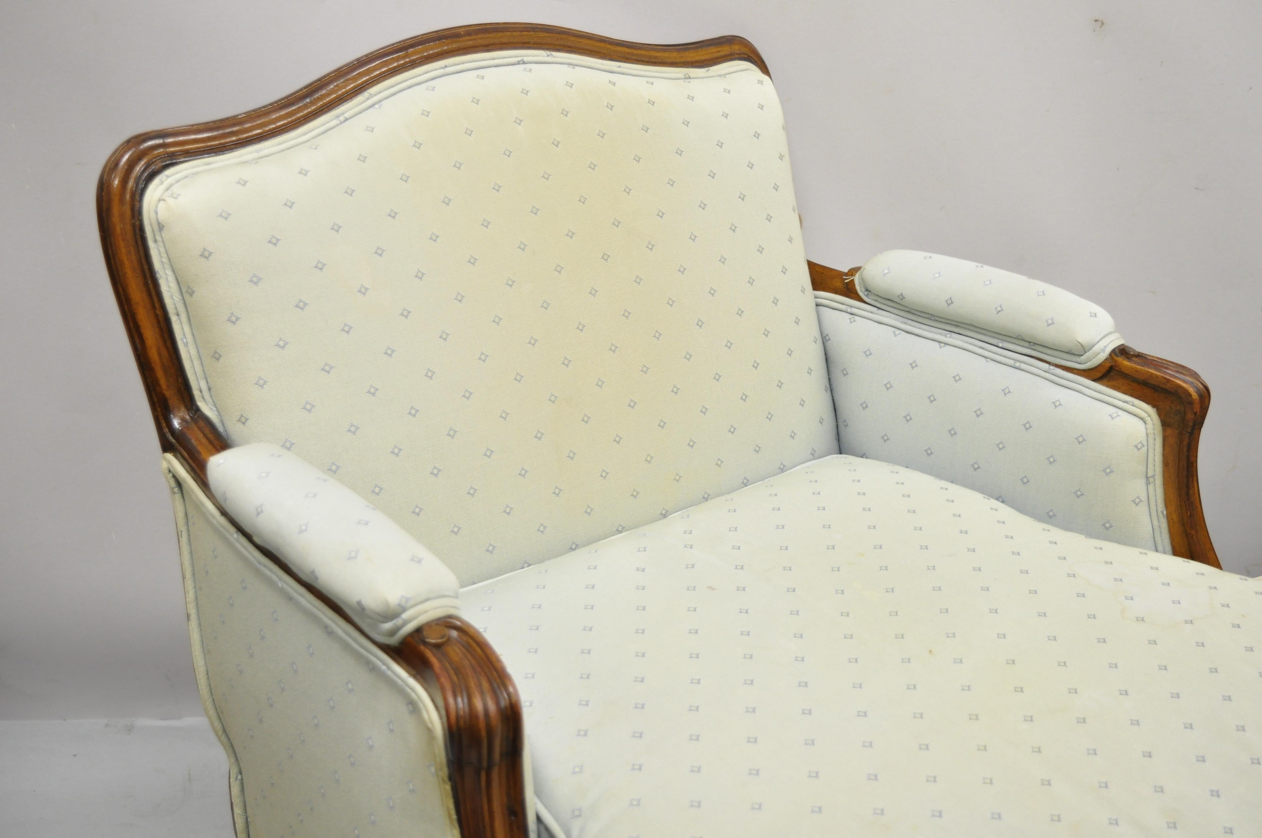 French Provincial Louis XV Upholstered Bergere Lounge Club Chair Ottoman, Pair In Good Condition In Philadelphia, PA