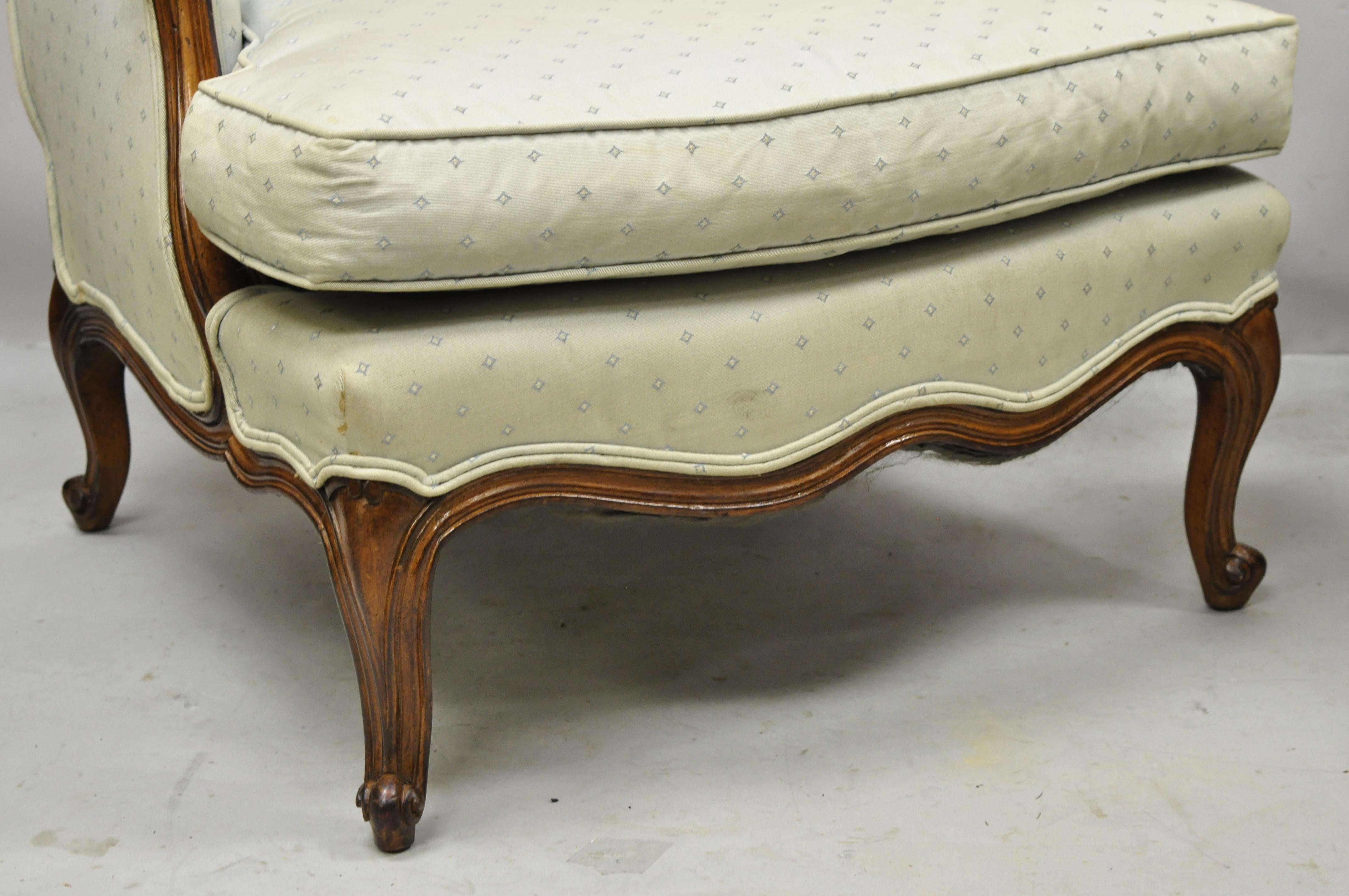 20th Century French Provincial Louis XV Upholstered Bergere Lounge Club Chair Ottoman, Pair