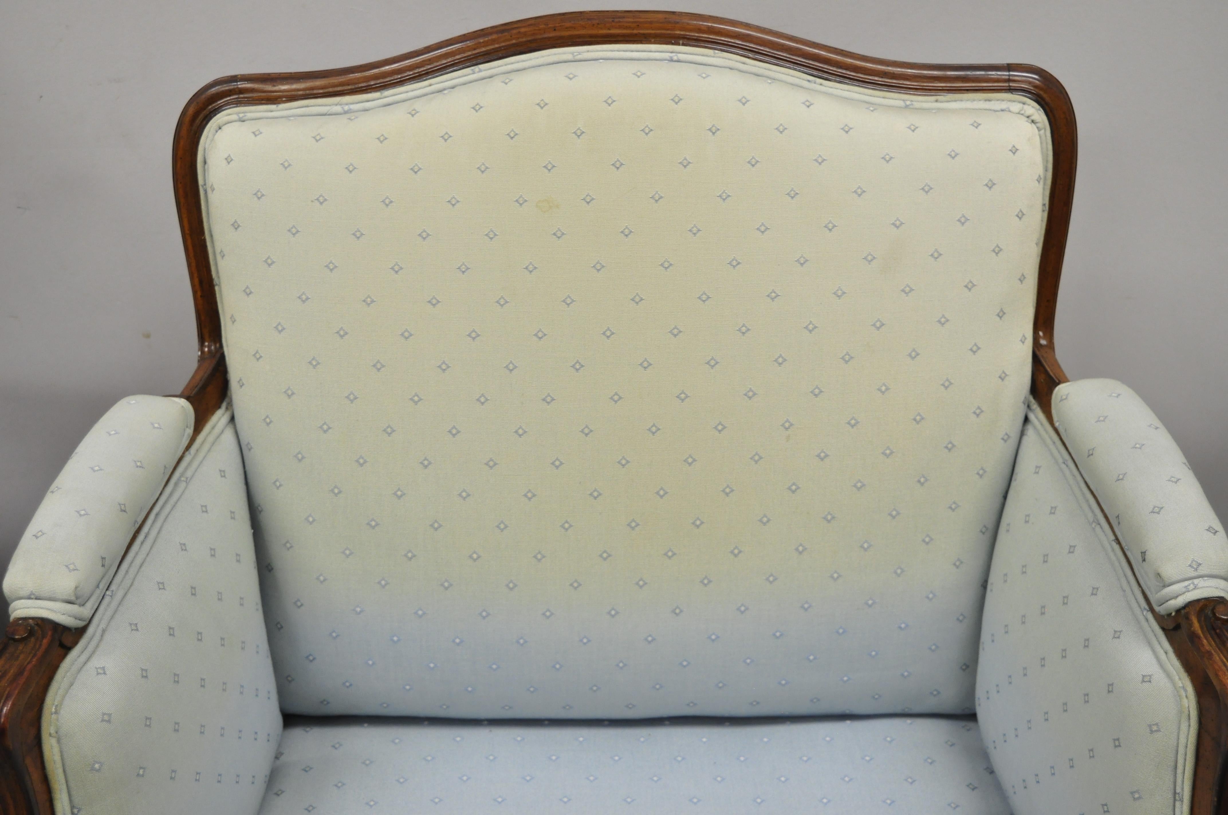 French Provincial Louis XV Upholstered Bergere Lounge Club Chair Ottoman, Pair 1
