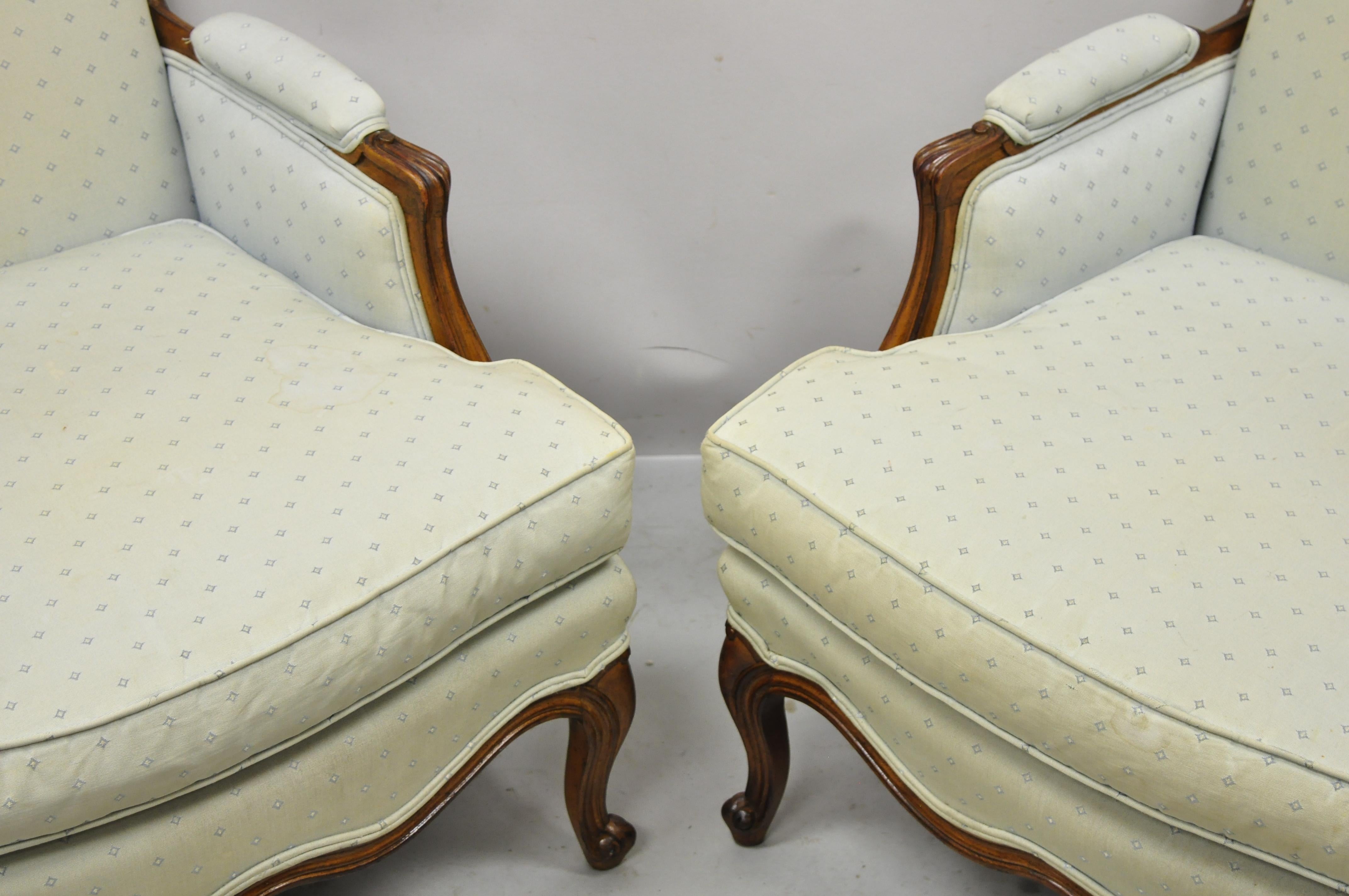French Provincial Louis XV Upholstered Bergere Lounge Club Chair Ottoman, Pair 3