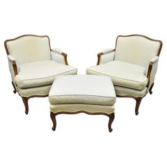 French Provincial Louis XV Upholstered Bergere Lounge Club Chair Ottoman, Pair