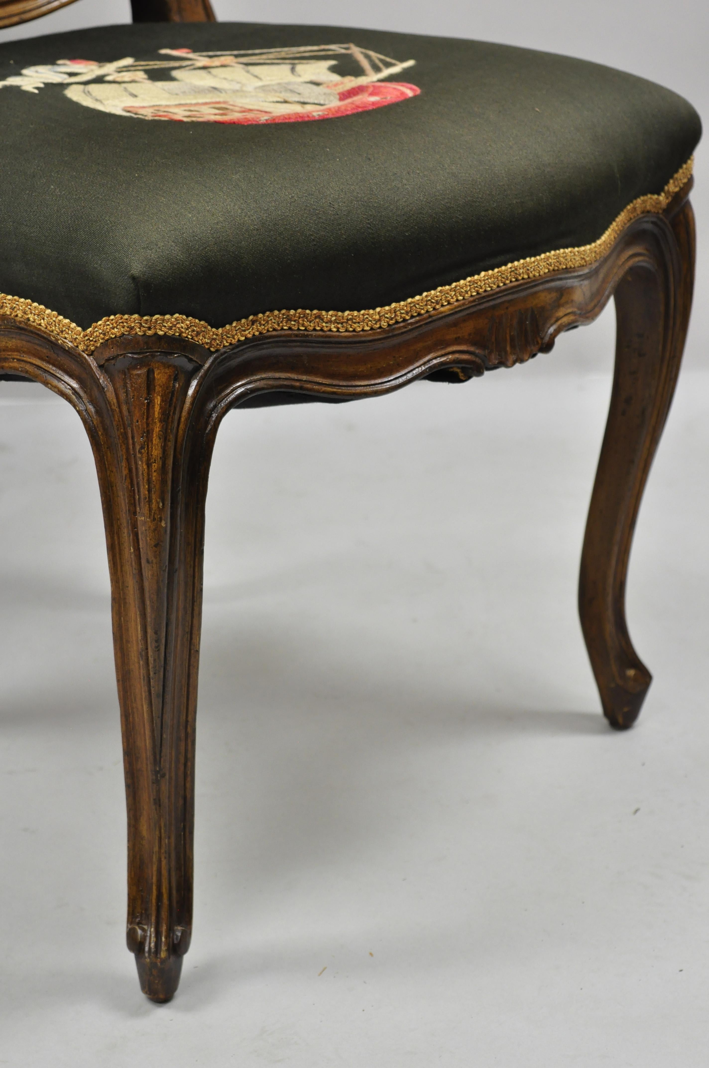 French Provincial Louis XV Walnut Side Chairs w/ Ship Boat Crewel Work, a Pair For Sale 4
