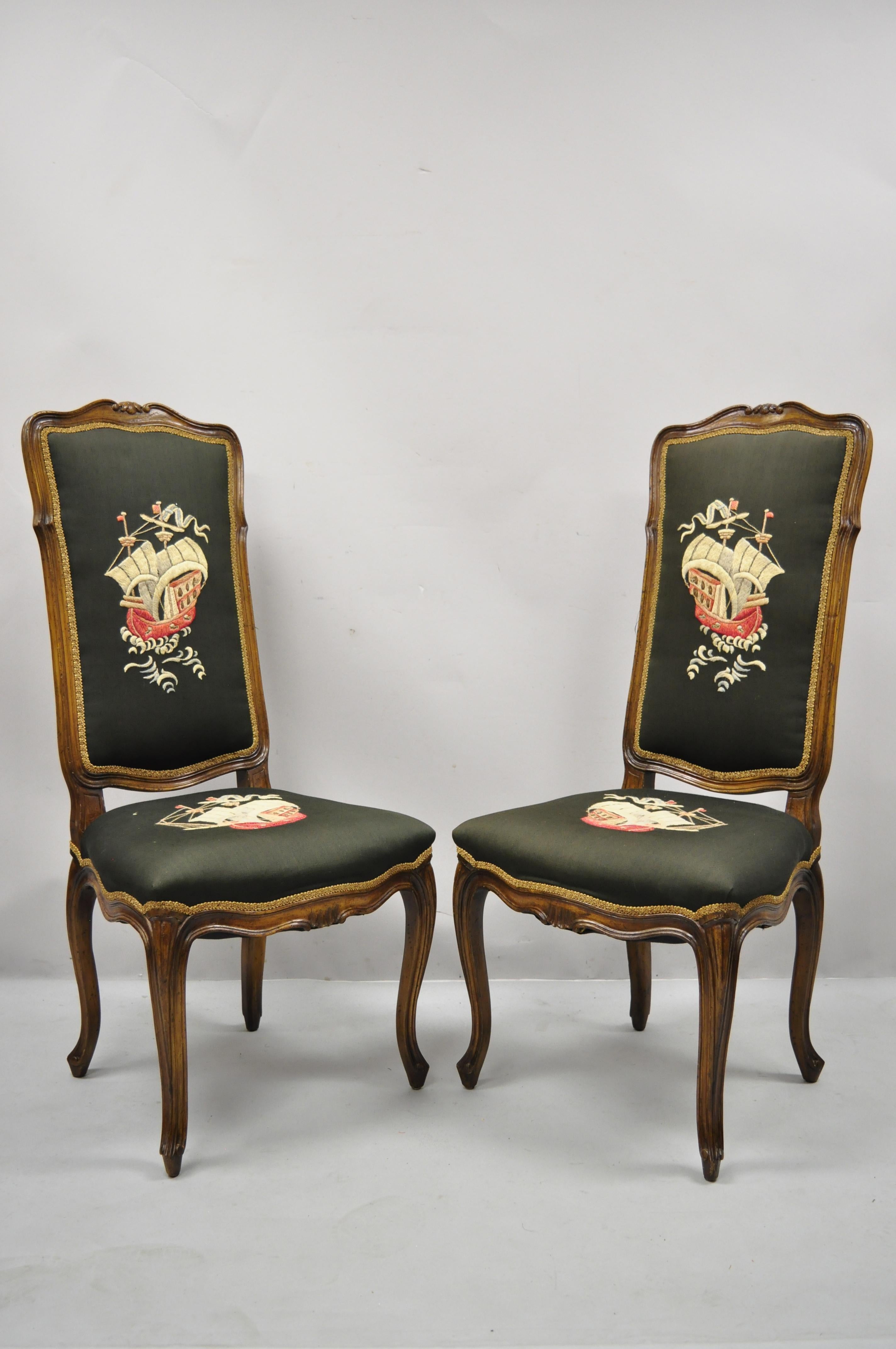 French Provincial Louis XV Walnut Side Chairs w/ Ship Boat Crewel Work, a Pair For Sale 6