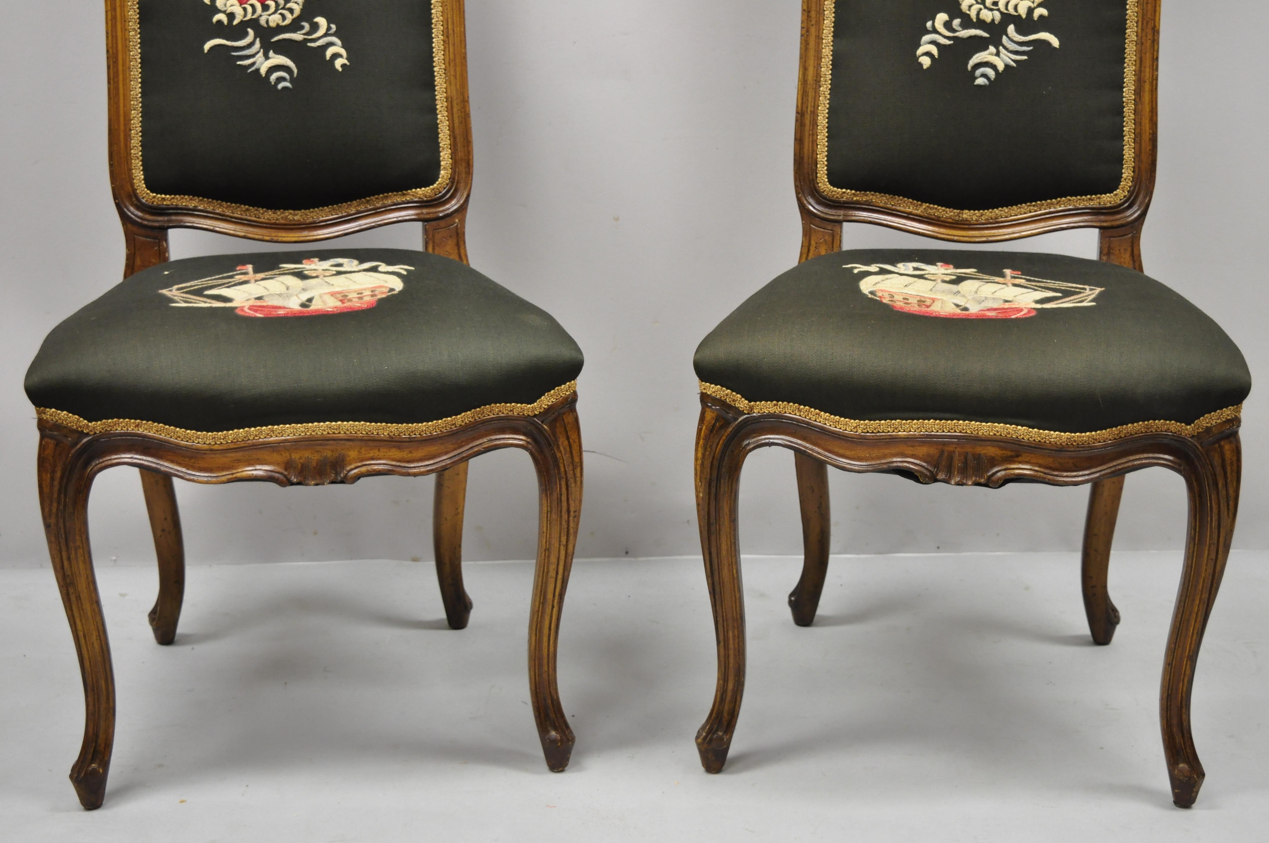 Italian French Provincial Louis XV Walnut Side Chairs w/ Ship Boat Crewel Work, a Pair For Sale