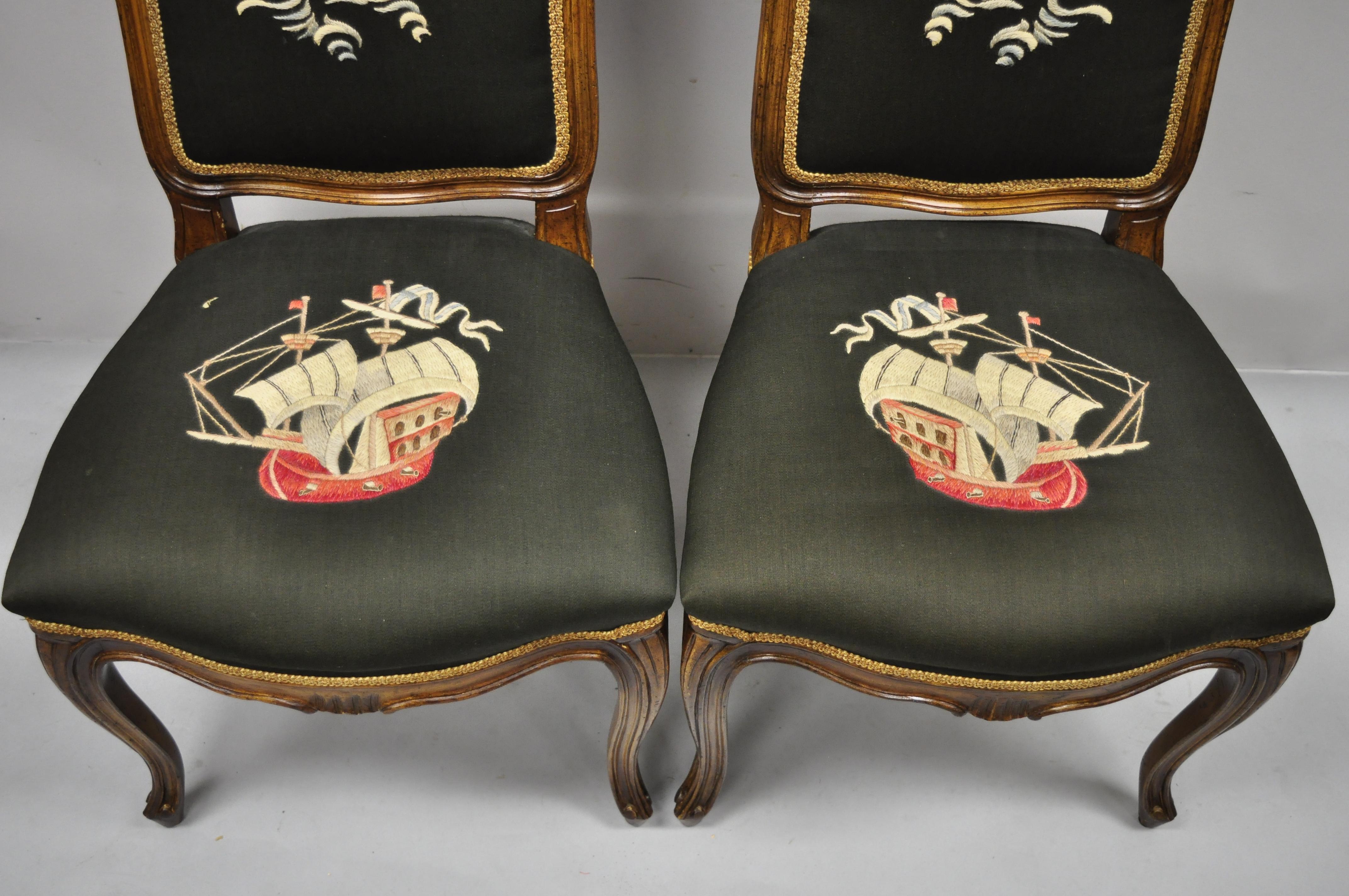 French Provincial Louis XV Walnut Side Chairs w/ Ship Boat Crewel Work, a Pair In Good Condition For Sale In Philadelphia, PA