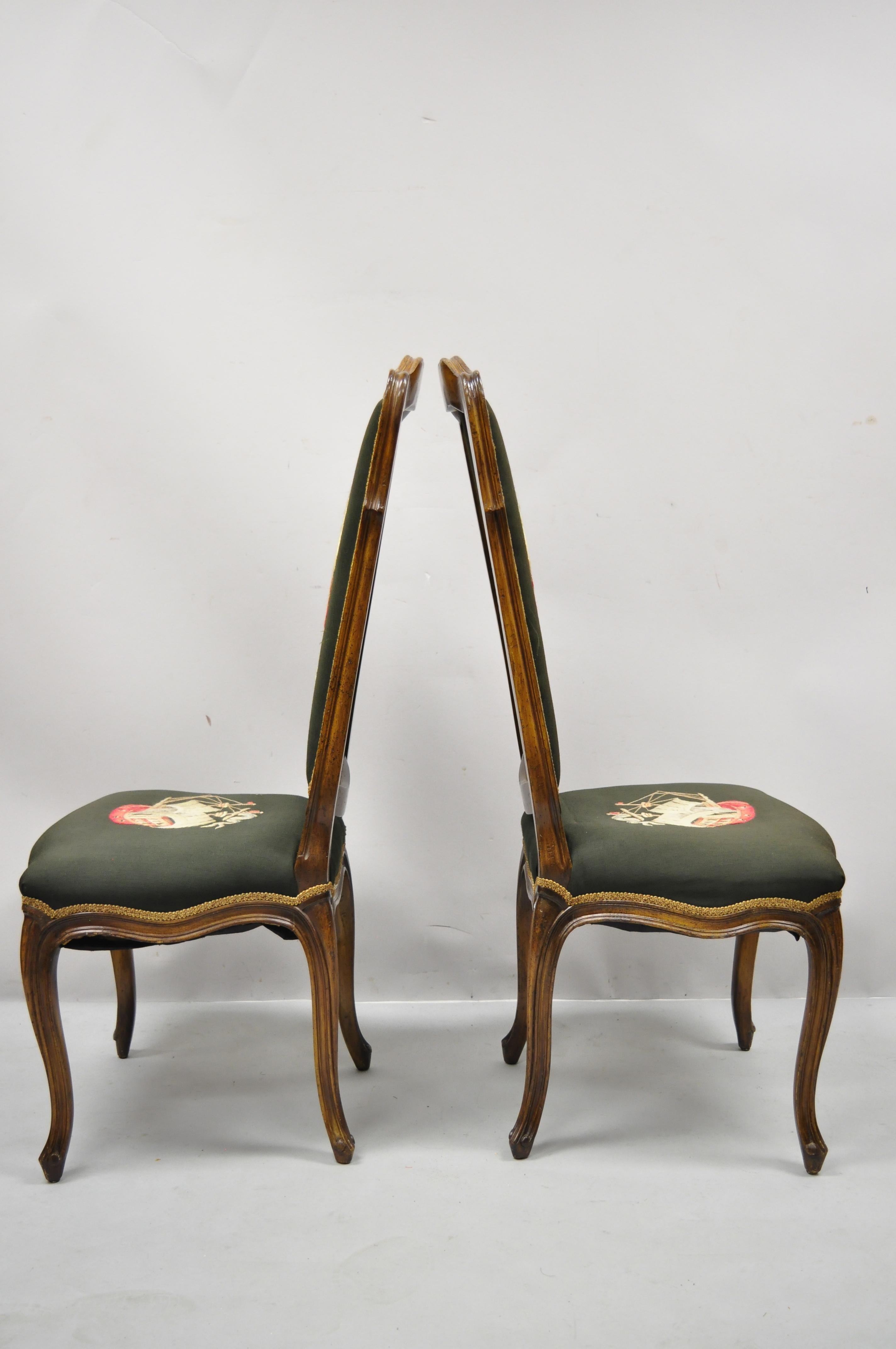 French Provincial Louis XV Walnut Side Chairs w/ Ship Boat Crewel Work, a Pair For Sale 3