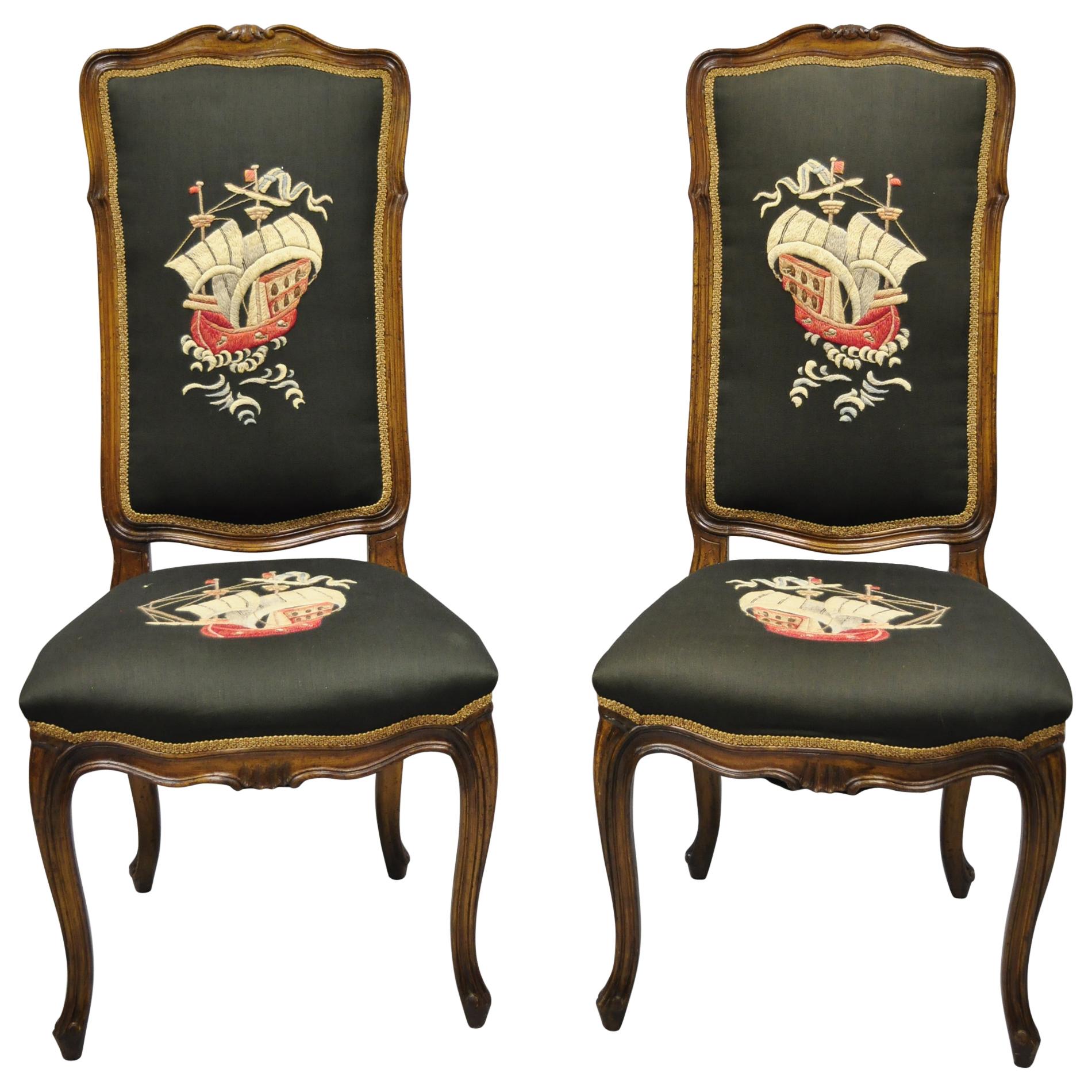 French Provincial Louis XV Walnut Side Chairs w/ Ship Boat Crewel Work, a Pair For Sale