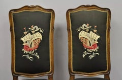 French Provincial Louis XV Walnut Side Chairs w/ Ship Boat Crewel Work - a Pair