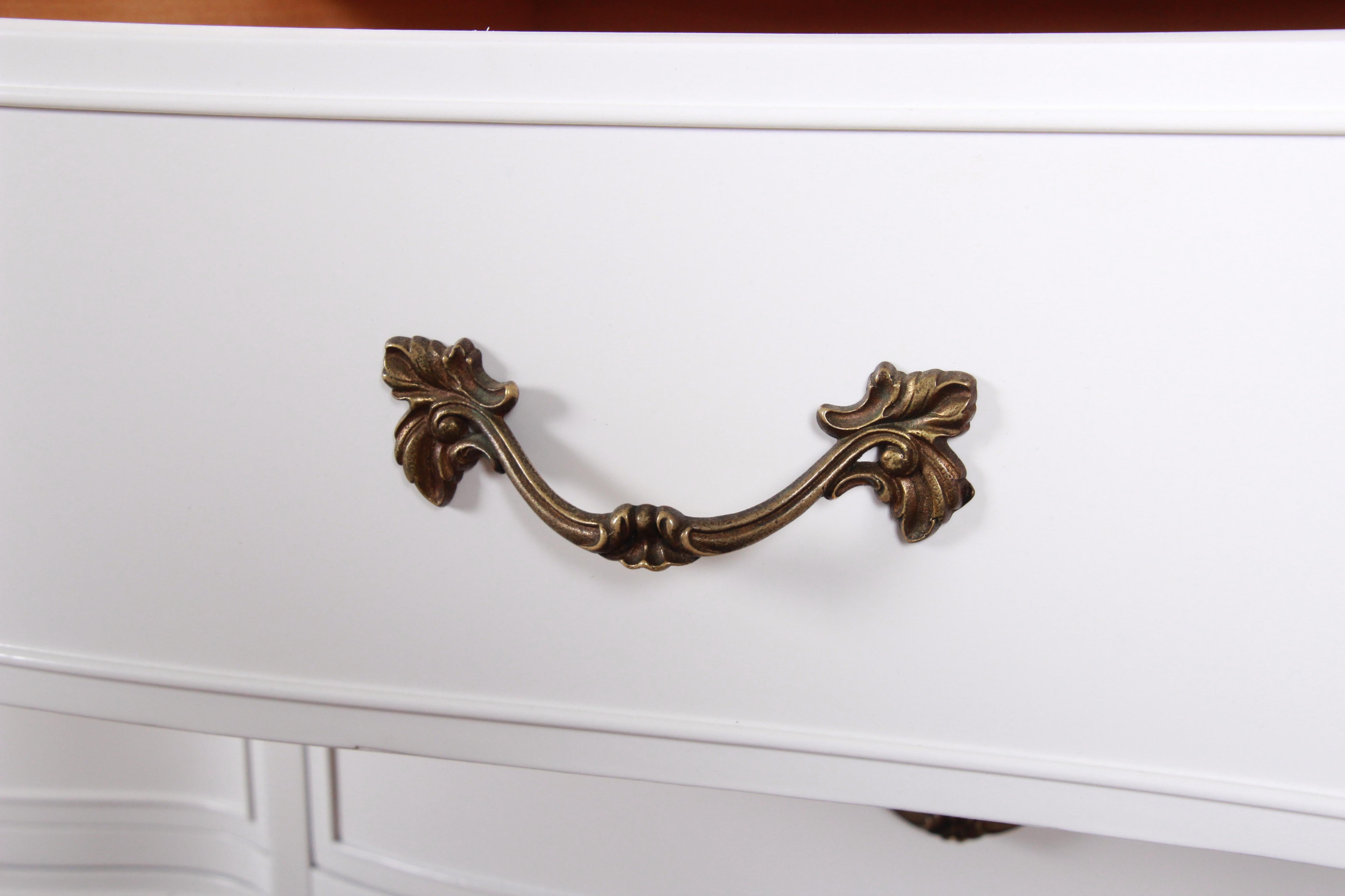 Brass French Provincial Louis XV White Lacquered Triple Dresser by Drexel, Refinished