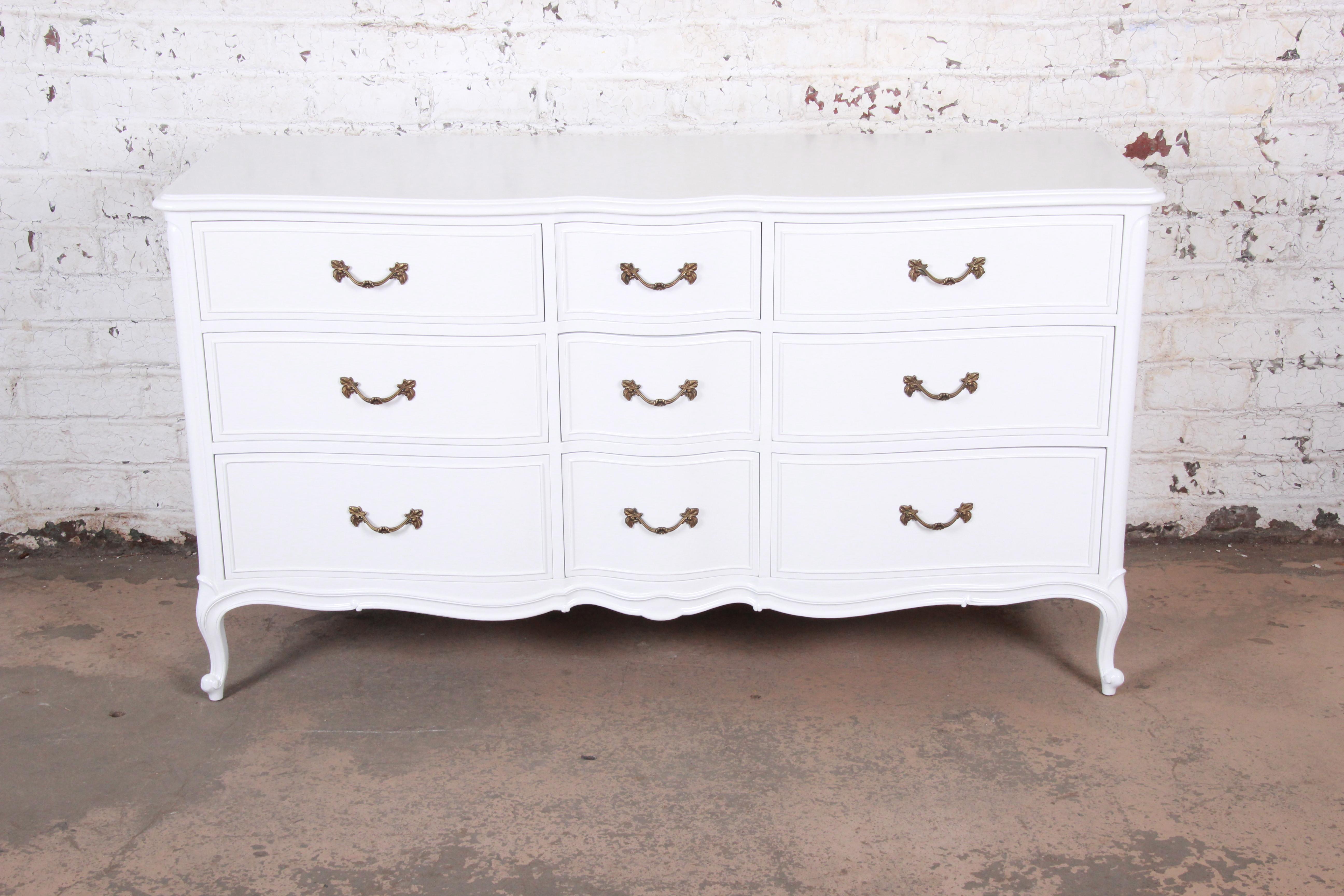French Provincial Louis XV White Lacquered Triple Dressers by Drexel, Refinished 4