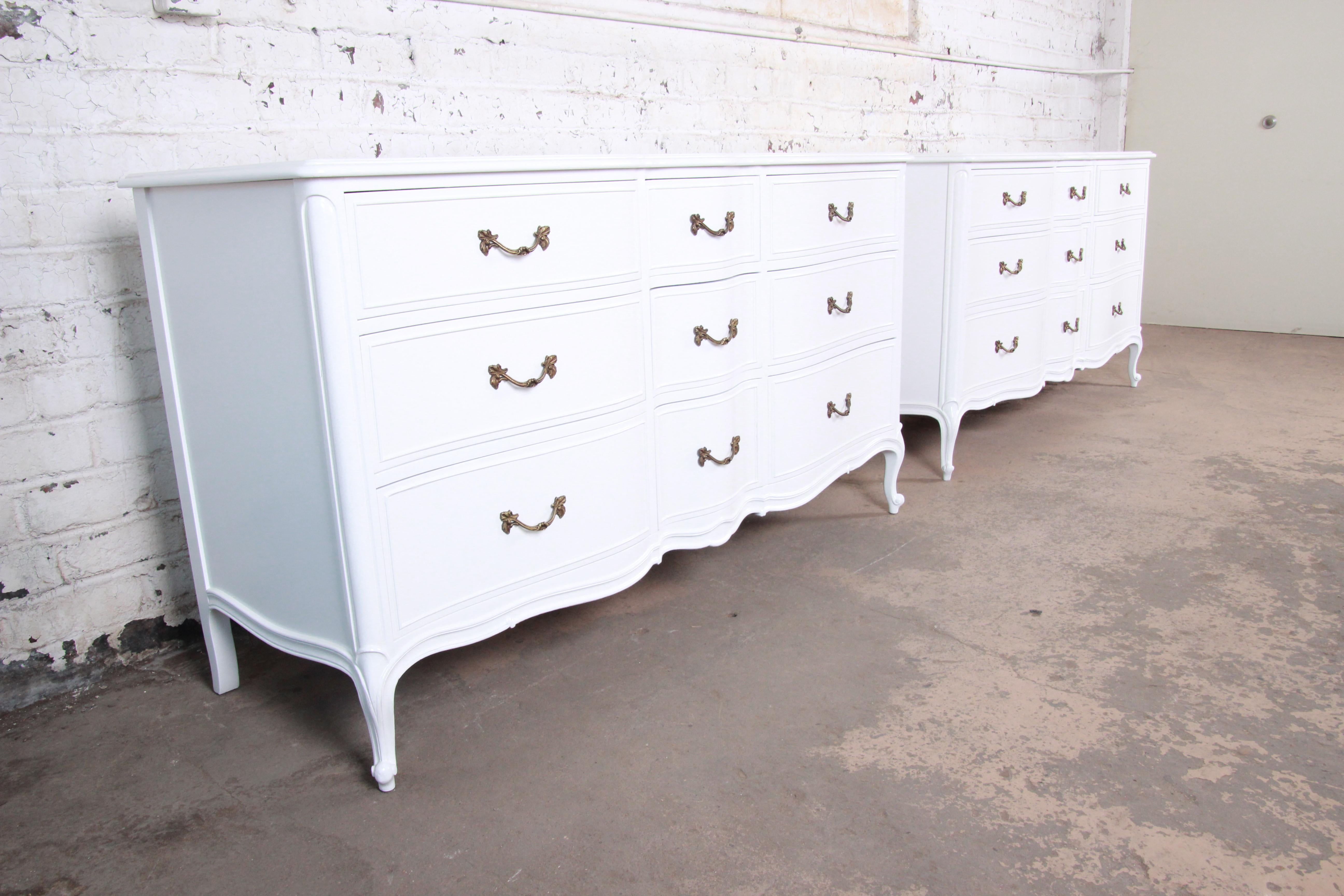 American French Provincial Louis XV White Lacquered Triple Dressers by Drexel, Refinished